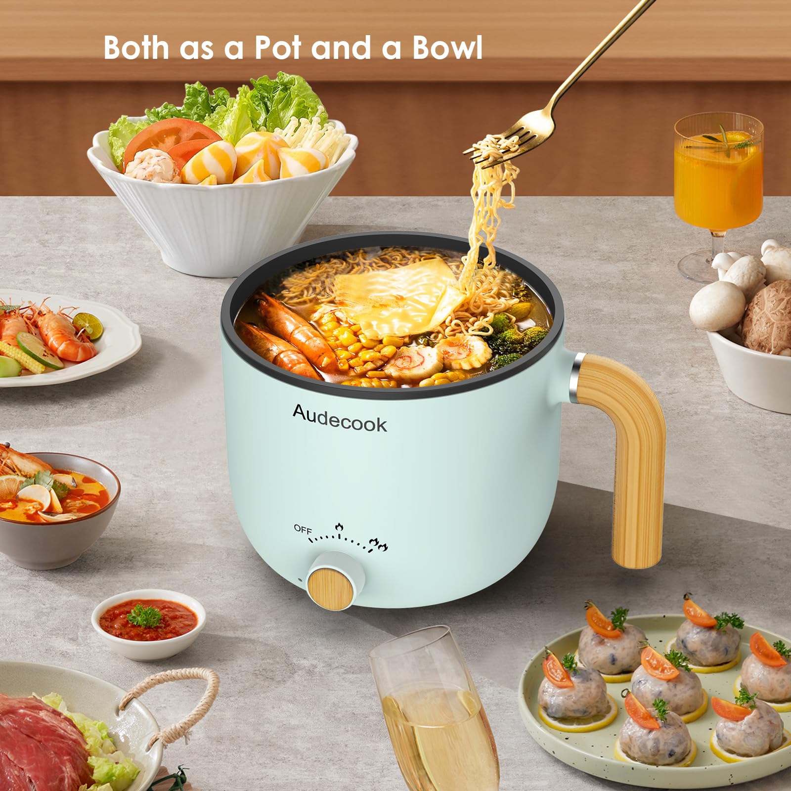**Audecook 1.5L Electric Hot Pot with Steamer - Portable Nonstick Mini Multicooker for Pasta, Soup, Steak, Eggs & Oatmeal - Dual Power Control Travel Skillet (Green) - Perfect for Dorms, Travel & Small Kitchens**
