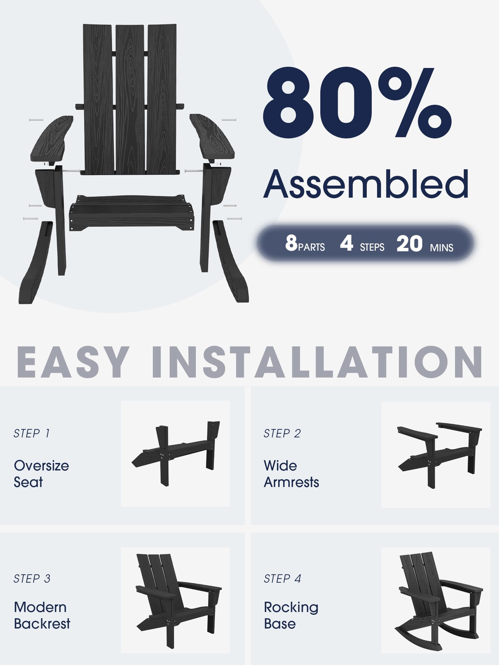 KINGYES Outdoor Rocking Chairs Set of 2 - Modern All-Weather Adirondack Rockers for Porch, Backyard & Garden - Durable Patio Furniture for Relaxing Outdoors (Black) | Perfect for Lounging, Sunbathing & Entertaining Guests