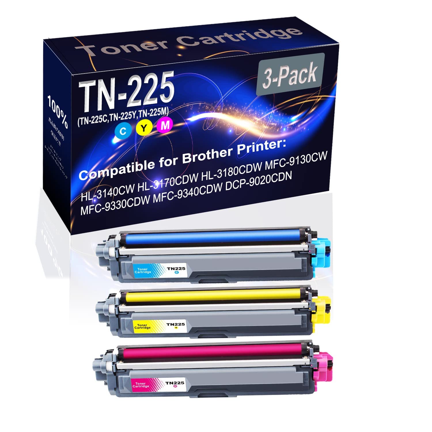 3-Pack (Cyan+Yellow+Magenta) High Capacity Compatible HL-3140CW HL-3150CDN HL-3170CDW Laser Printer Toner Cartridge - Replacement for TN225/TN-225 Series (TN-225C, TN-225Y, TN-225M) - Perfect for Office Printing & Home Business Documents