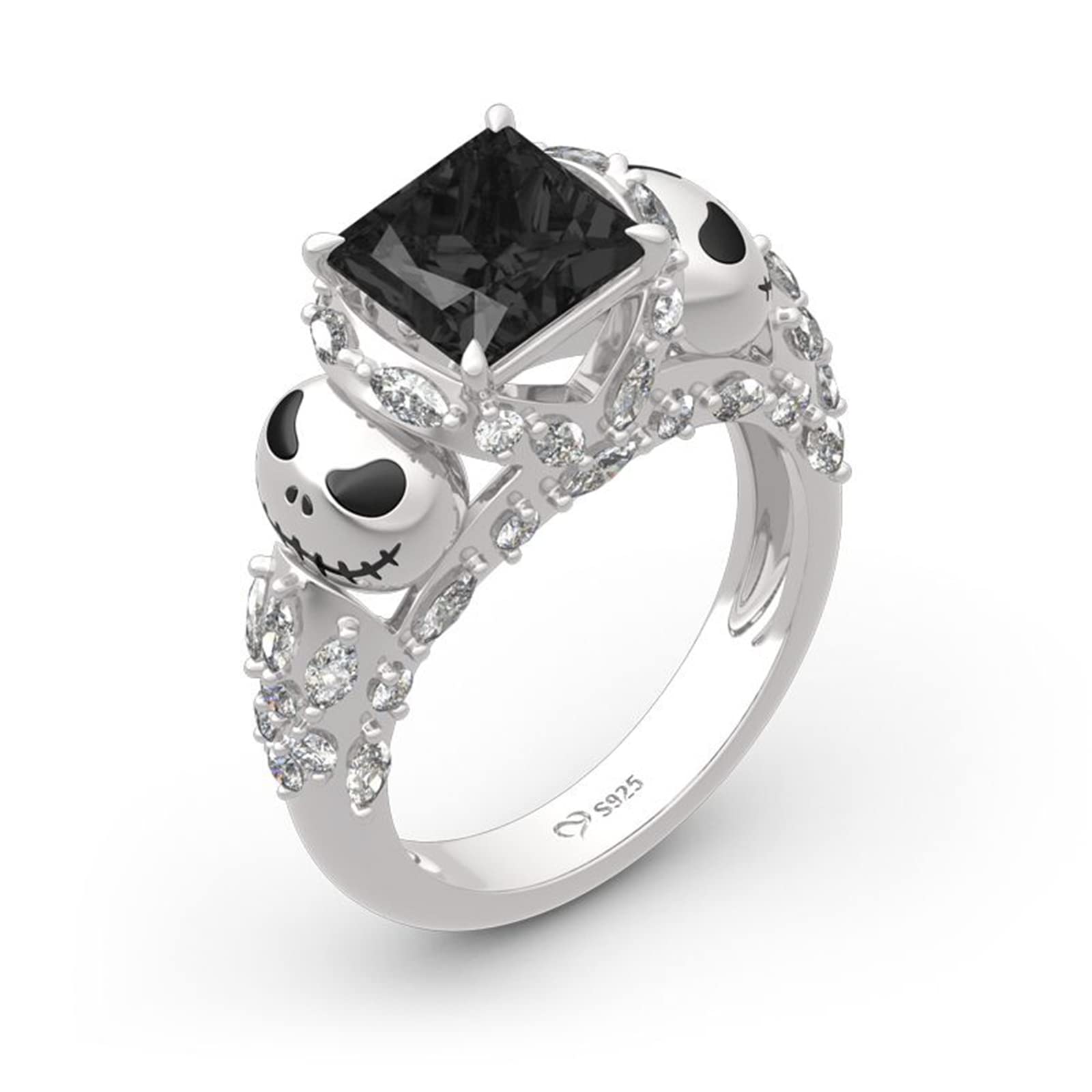 Romantic Soul Skull Princess Cut Sterling Silver Ring for Women - Elegant Jewelry Gift for Wife, Girlfriend, Engagement, Wedding, Anniversary, Christmas & Birthday - Comes with Jewelry Box | Perfect for Gothic Fashion, Punk Style & Unique Statement Jewelry Lovers