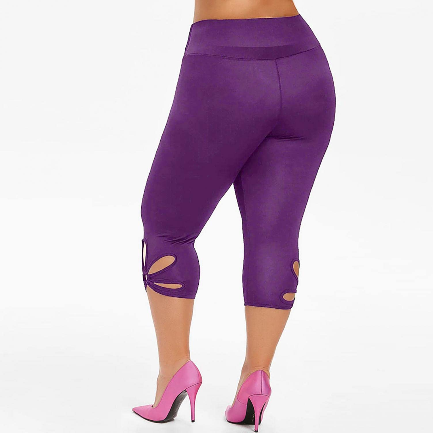 Women's Plus Size Bermuda Shorts - High Waisted Yoga Capris with Stretch & Hollow Out Design - Workout Compression Pants for Gym, Running & Summer Outdoor Activities