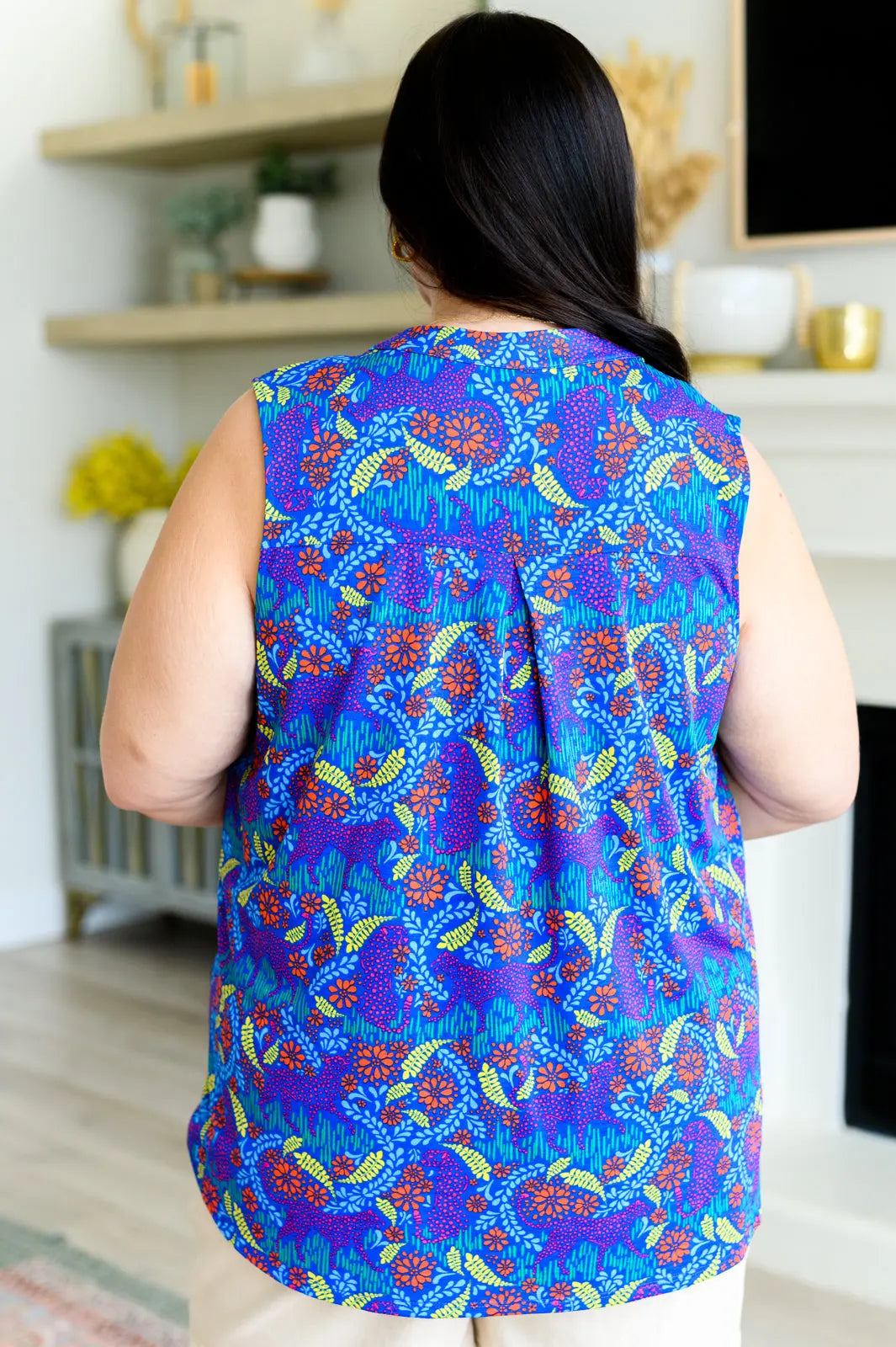 Lizzy Women's Tank Top - Royal Blue & Red Abstract Print - Casual Summer Tops for Beach, Yoga & Everyday Wear