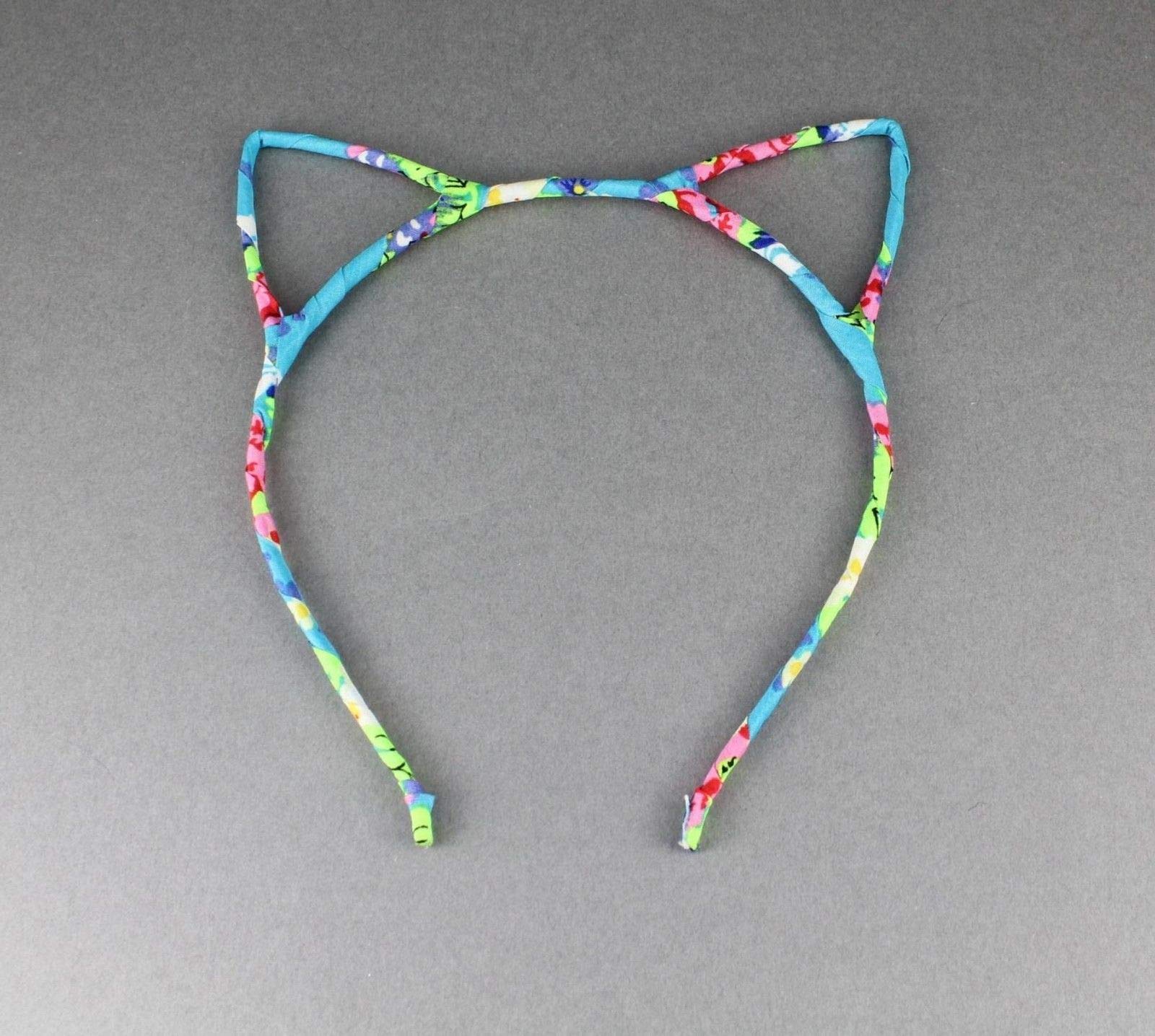 Teal Floral Cat Ears Headband for Women - Cute Kitten Hair Band with Flowers for Cosplay, Halloween Costume, Anime Convention & Themed Parties