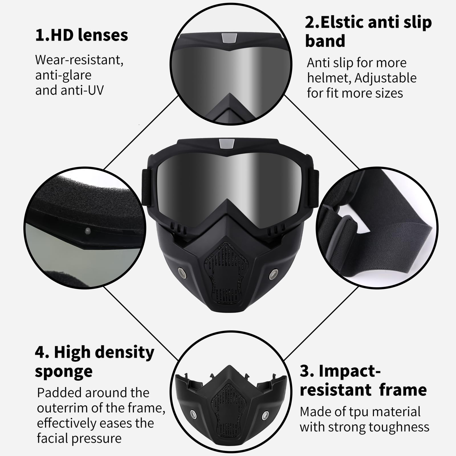 Motorcycle Goggles - Detachable Paintball Mask with Anti-Fog Lens for Skiing, Airsoft & ATV Riding | Dirt Bike Face Protection Gear for Outdoor Sports & Adventure Activities