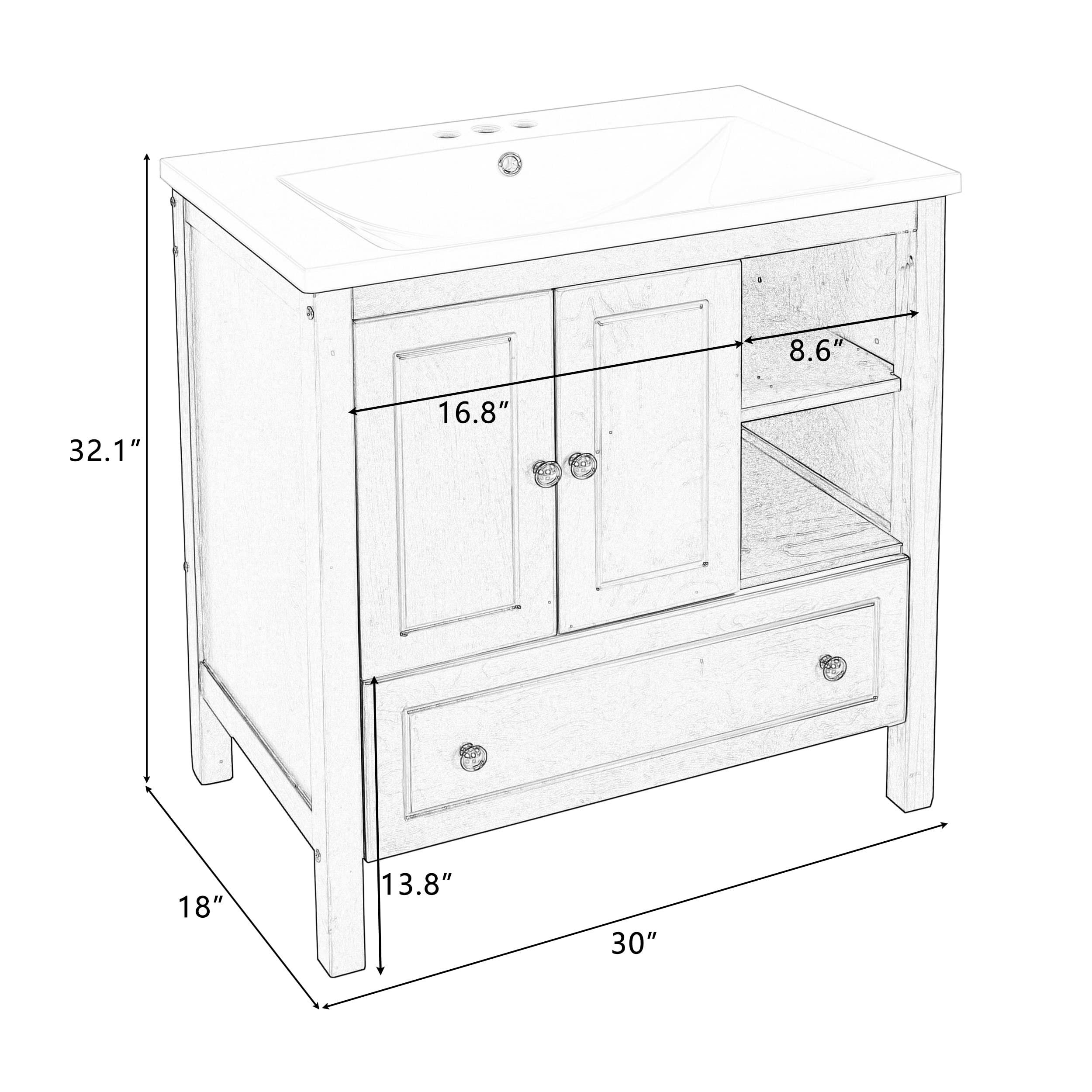 30 Inch Modern White Bathroom Vanity with Ceramic Sink Top - Bathroom Cabinet with Drawers & Shelves - Perfect for Small Bathrooms & Powder Rooms