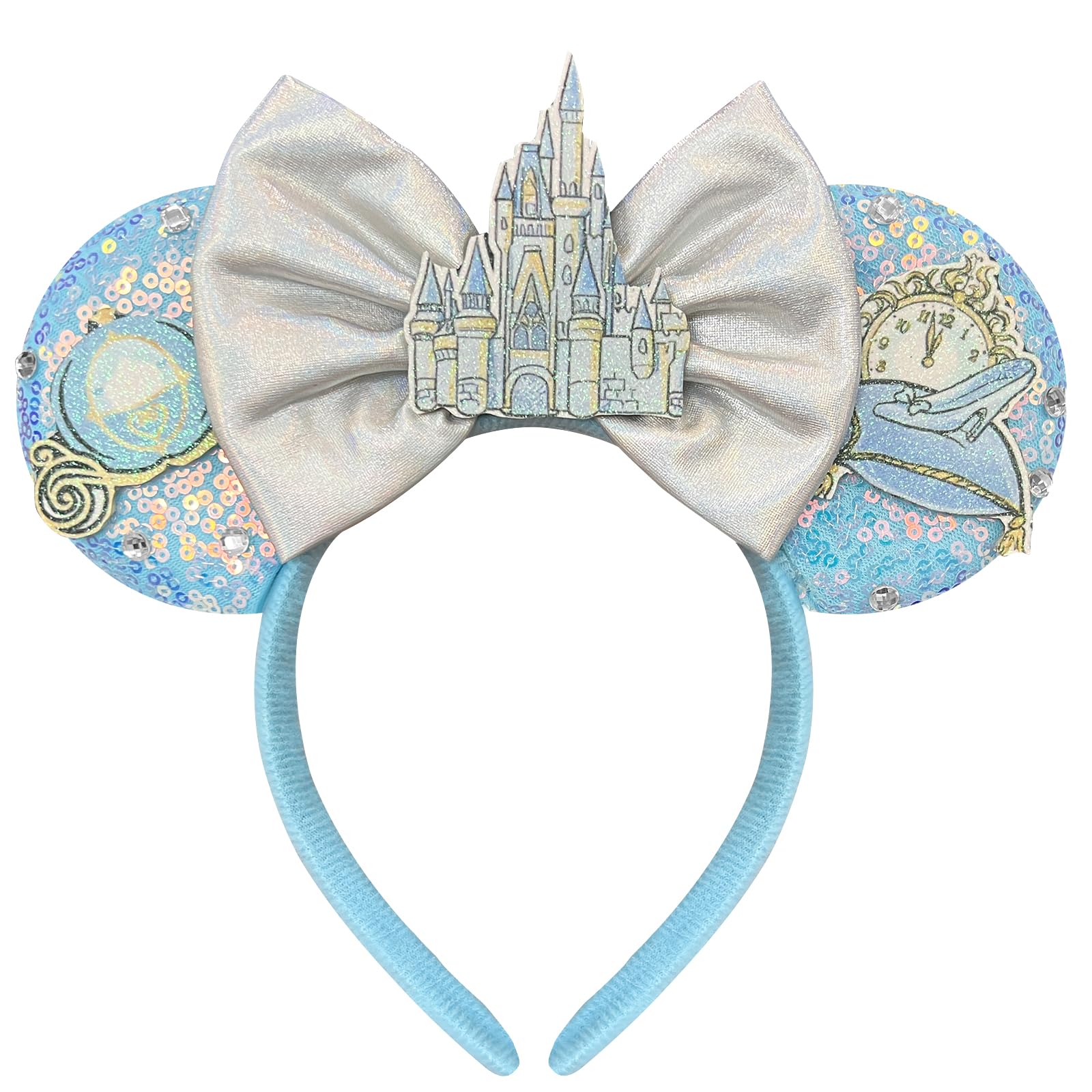 Sparkly Blue Sequin Mouse Ears Headband with Castle Bows - Elegant Hair Accessories for Women & Adults | Perfect for Disney Parks, Costume Parties & Themed Events