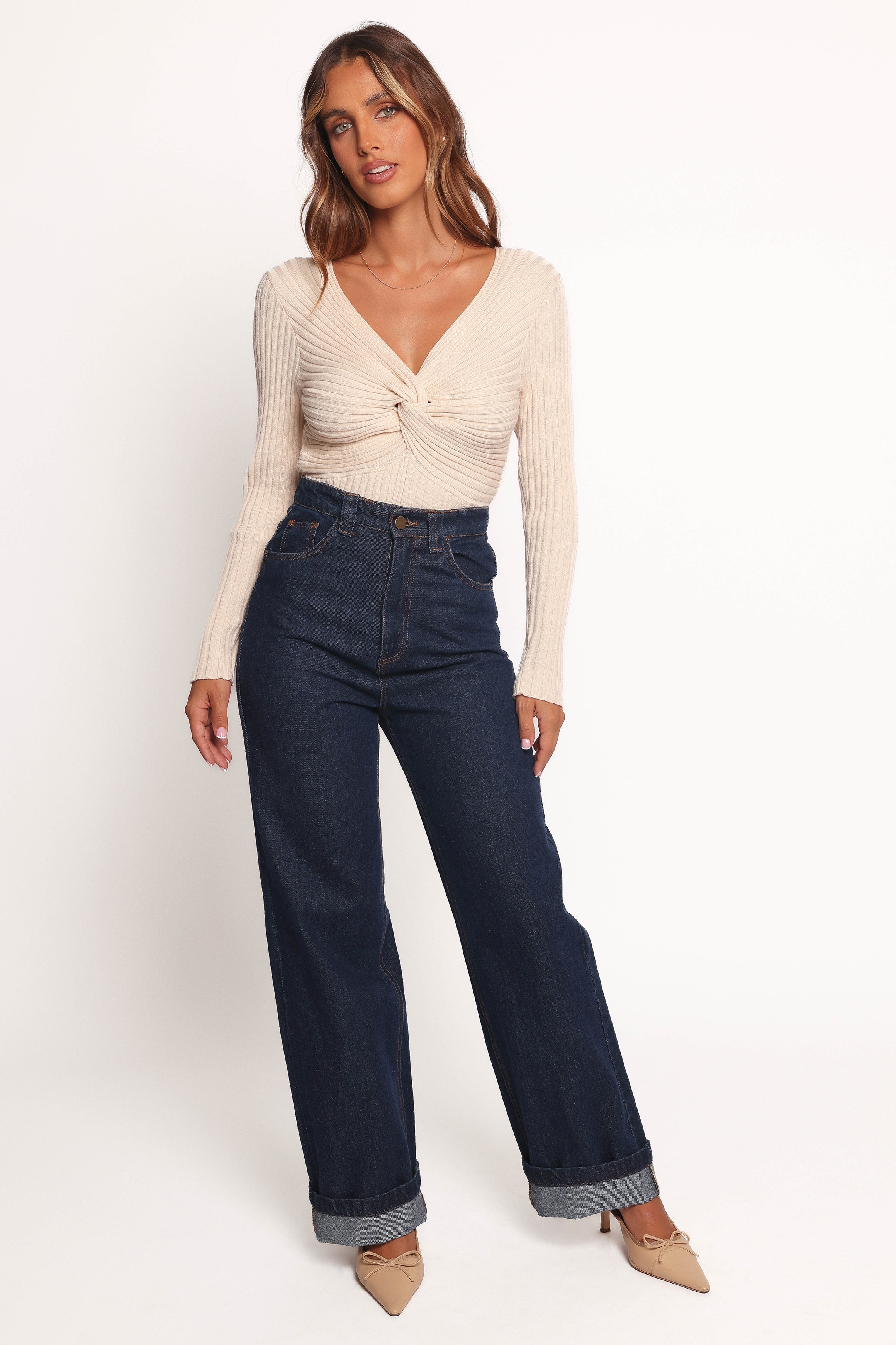 Demi Twist Detail Knit Top Women's Casual Crewneck Sweater - Soft Cream Knit Shirt for Fall & Winter | Perfect for Office, Date Night & Layering
