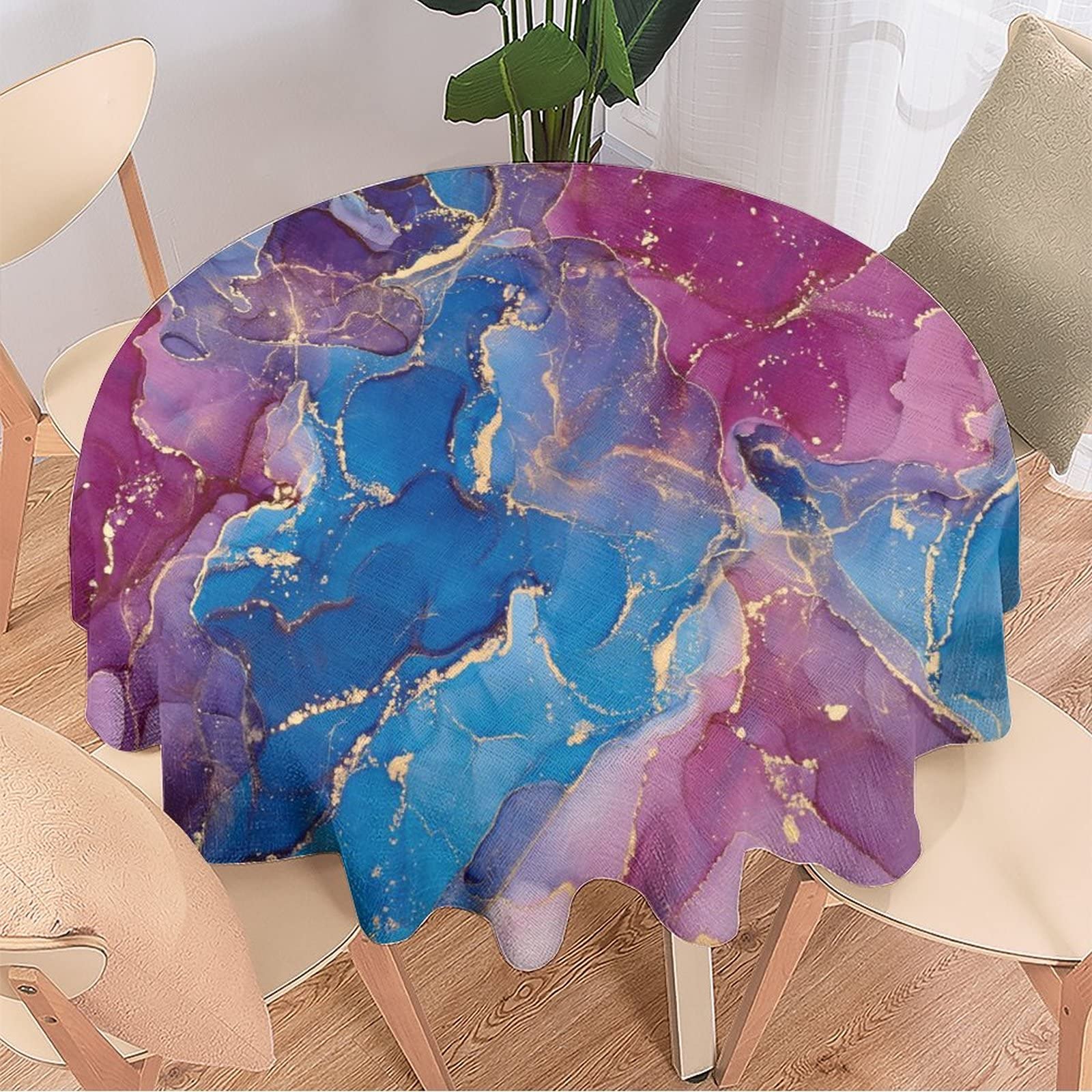 Modern Marble Print Tablecloth - Abstract Dark Blue Purple Gold Waterproof Stain Resistant Washable Round Kitchen Table Cover 36 Inch - Perfect for Dining Room, Party Decor & Holiday Gatherings
