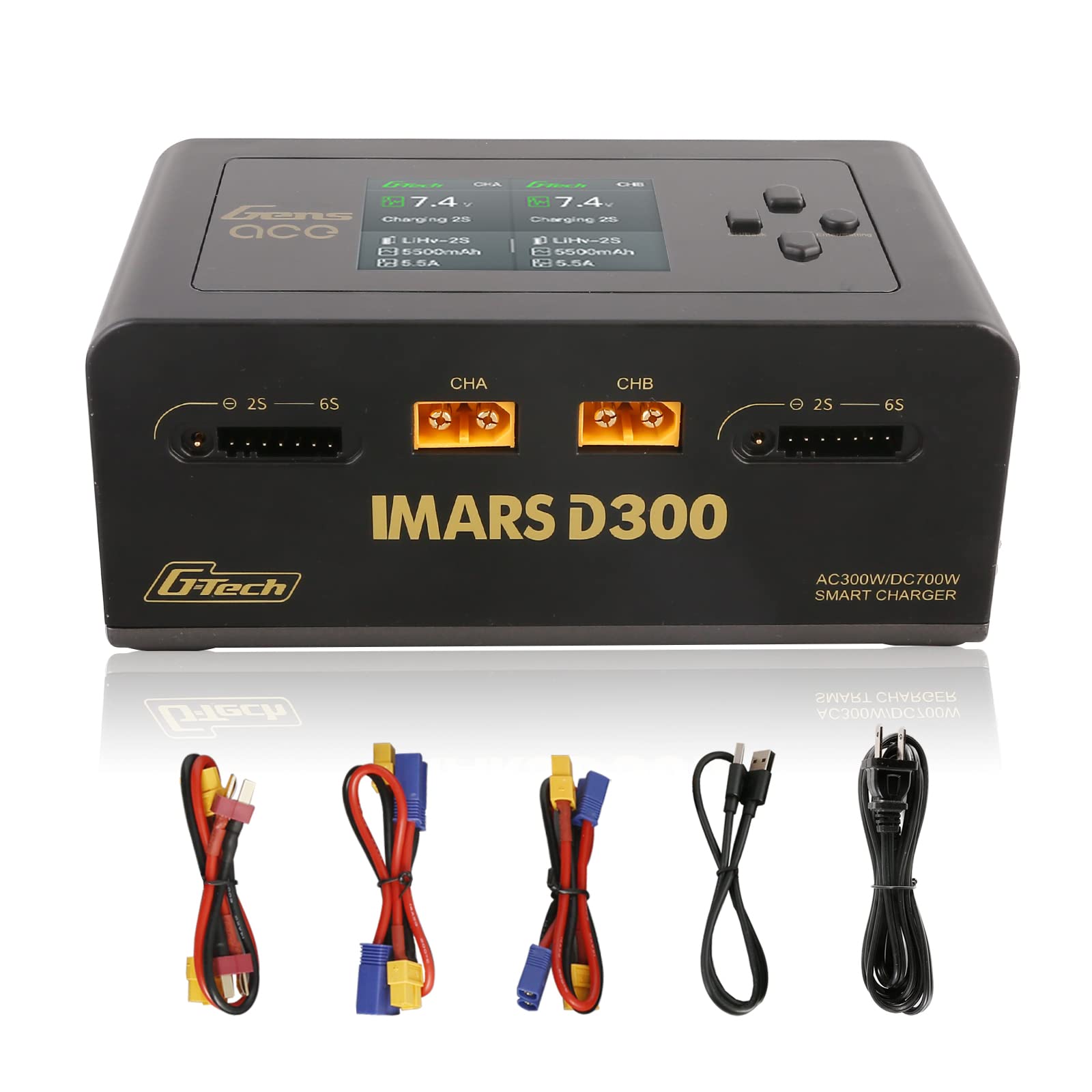 Gens Ace IMARS D300 G-Tech Series Smart Dual Lipo Battery Charger - 16A AC 300W DC 700W Fast Charging for RC Cars, Drones & Airsoft - Black - Perfect for Hobbyists & Professional RC Enthusiasts