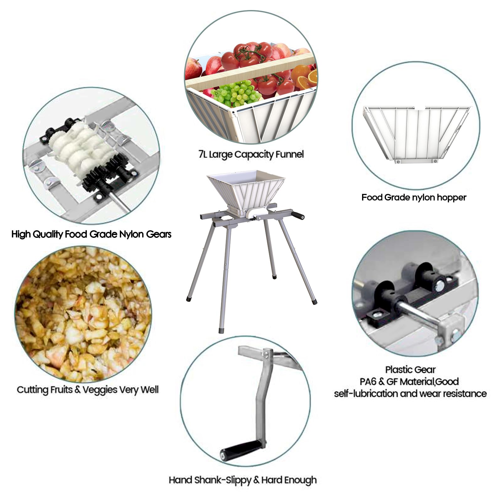 Premium 7L/1.8Gallon Manual Fruit Crusher for Wine Making - Heavy Duty Apple Grinder with Nylon Teeth & Large Hopper - Perfect for Home Brewing, Cider Pressing & Juice Extraction (Silver)