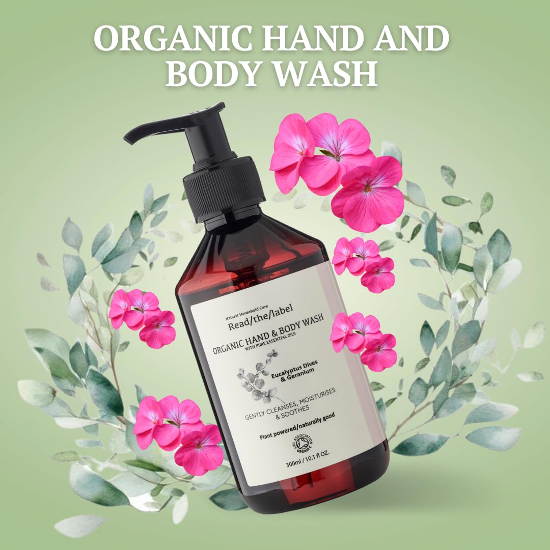 Organic Hand & Body Wash with Pure Essential Oils - Eucalyptus Dives & Geranium, Coconut & Sunflower - Gently Cleanses, Moisturizes & Soothes Skin - 300ml - Perfect for Daily Use, Spa Days & Sensitive Skin Care