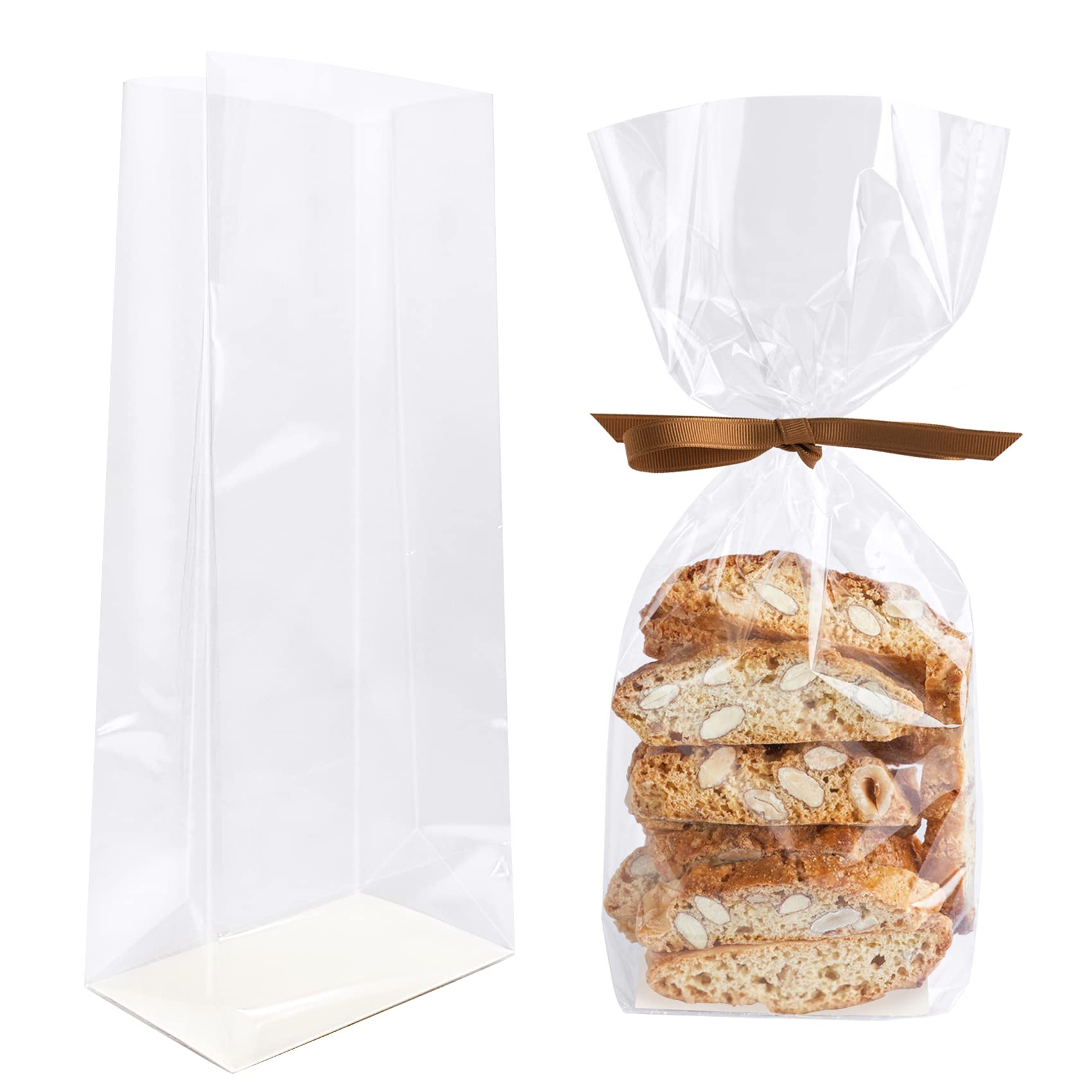 Morepack 50Pcs 5x3x12 Inches Gusseted Flat Bottom Cellophane Bags with Paper Insert - Clear Cello Bags for Candy, Cookies, Party Favors & Gift Packaging (Food Safe, Resealable)