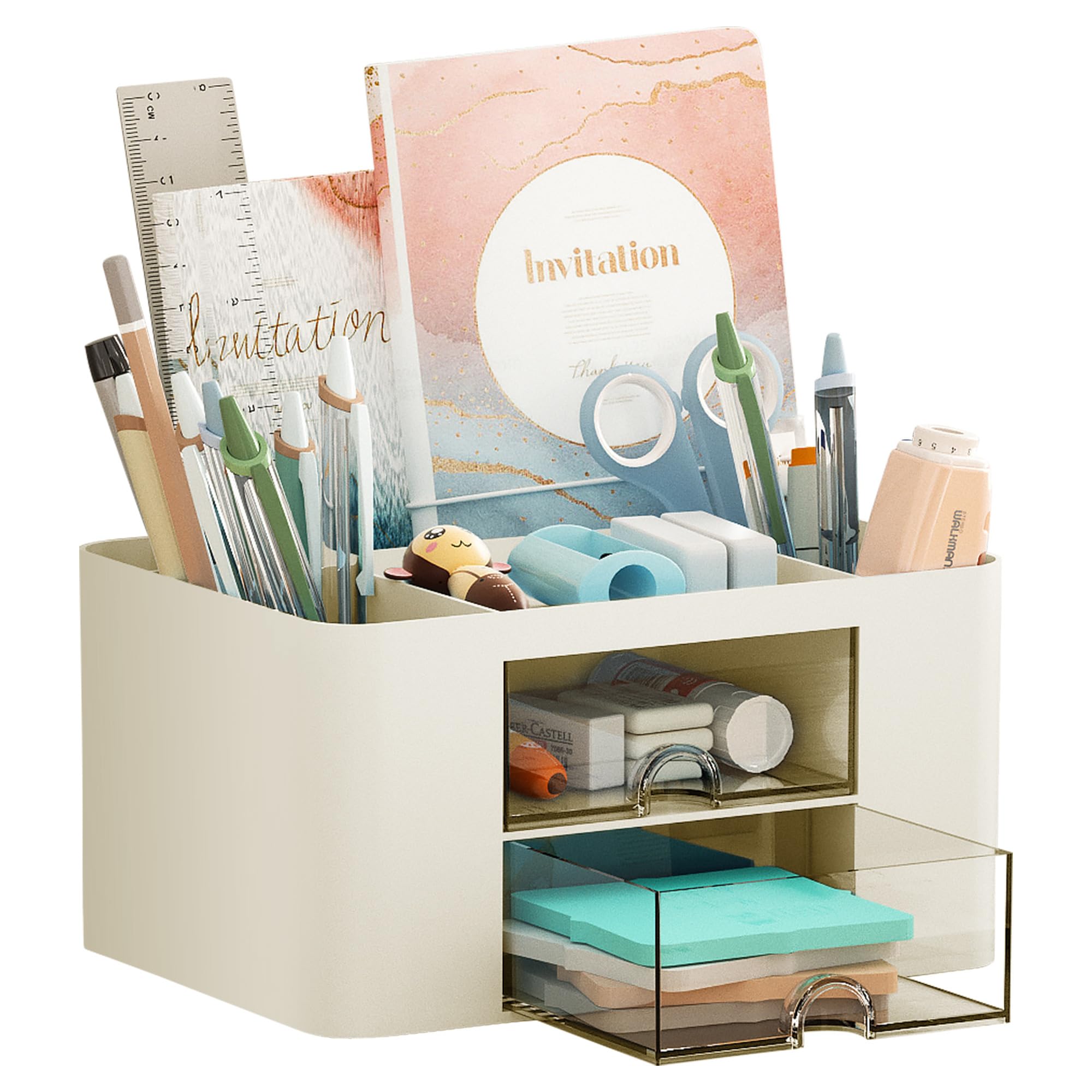 Marbrasse 2-Drawer Pen Organizer - Multi-Functional Desk Pencil Holder with 5 Compartments for Office & Art Supplies (Beige) - Perfect for Home Office, School & Craft Room Organization