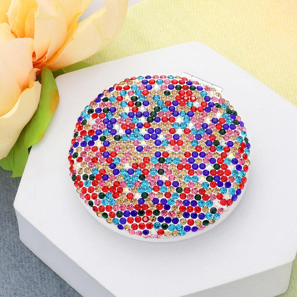 Sparkly Rhinestone Round Compact Mirror with Bling - Portable Makeup Mirror for Women & Girls - Perfect for Travel, Purse, and Vanity Use