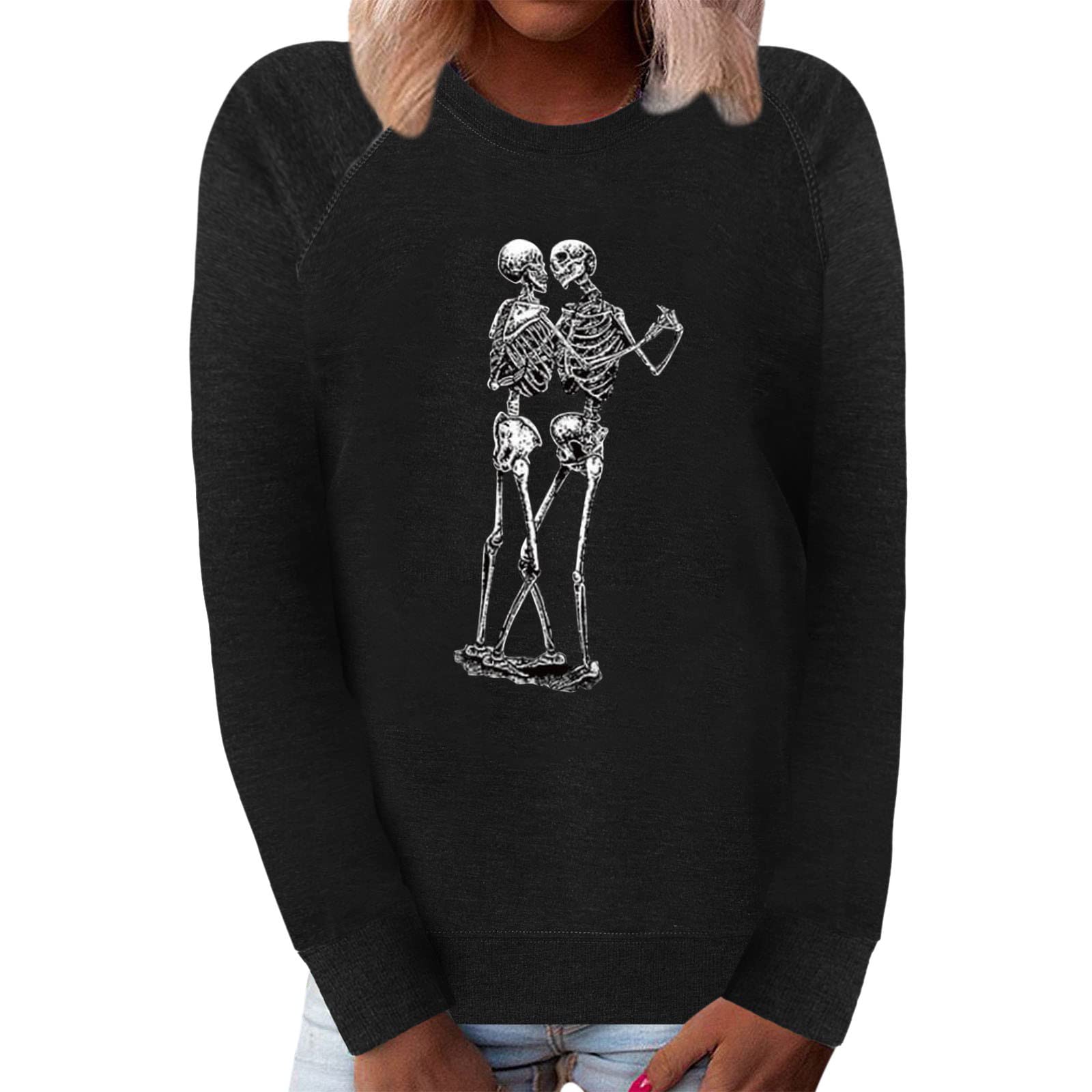 Women's Halloween Skeleton Graphic T-Shirt - Long Sleeve Oversized Top for Party