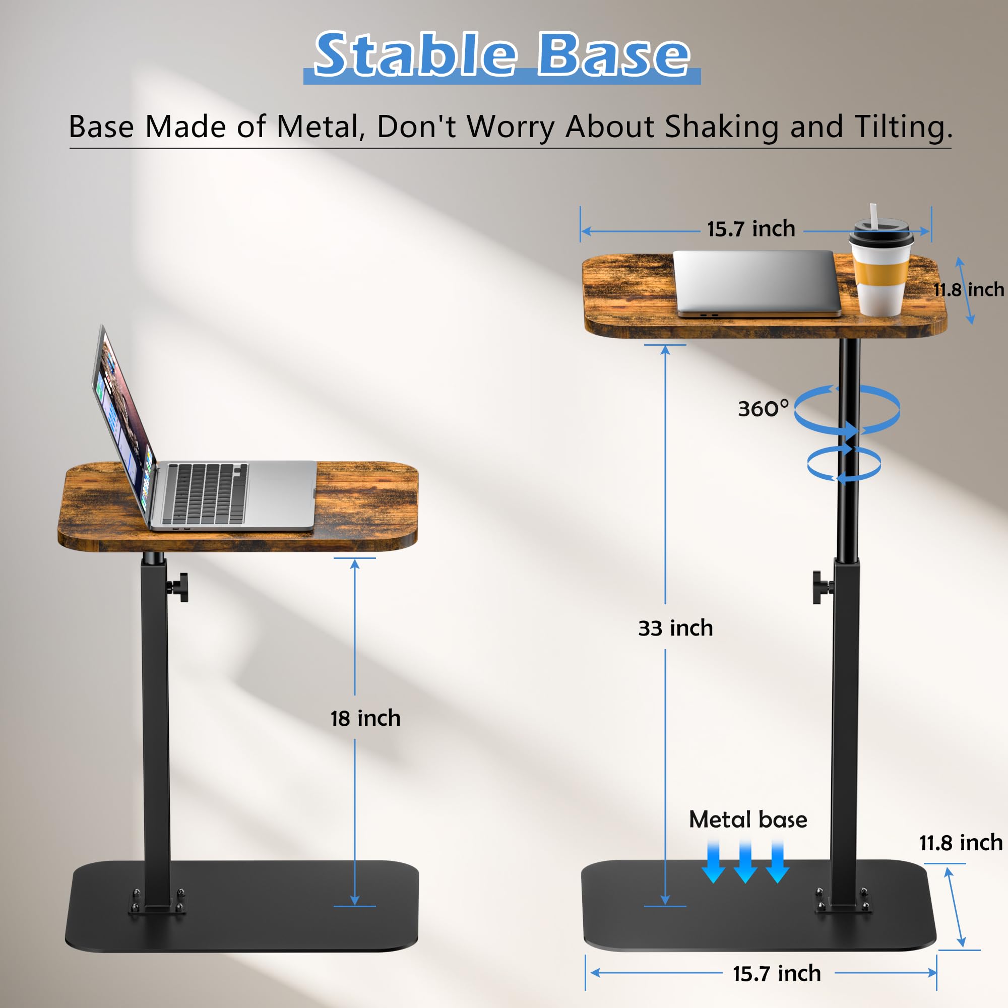 Heavy Duty Swivel Adjustable Height C-Shaped Side Table - Sofa Tray with Metal Base for Couch, Bed, Bathroom & Study | Multi-Functional TV Tray for Eating, Snacks, Laptop & Drinks | Perfect for Living Room, Bedroom & Small Spaces