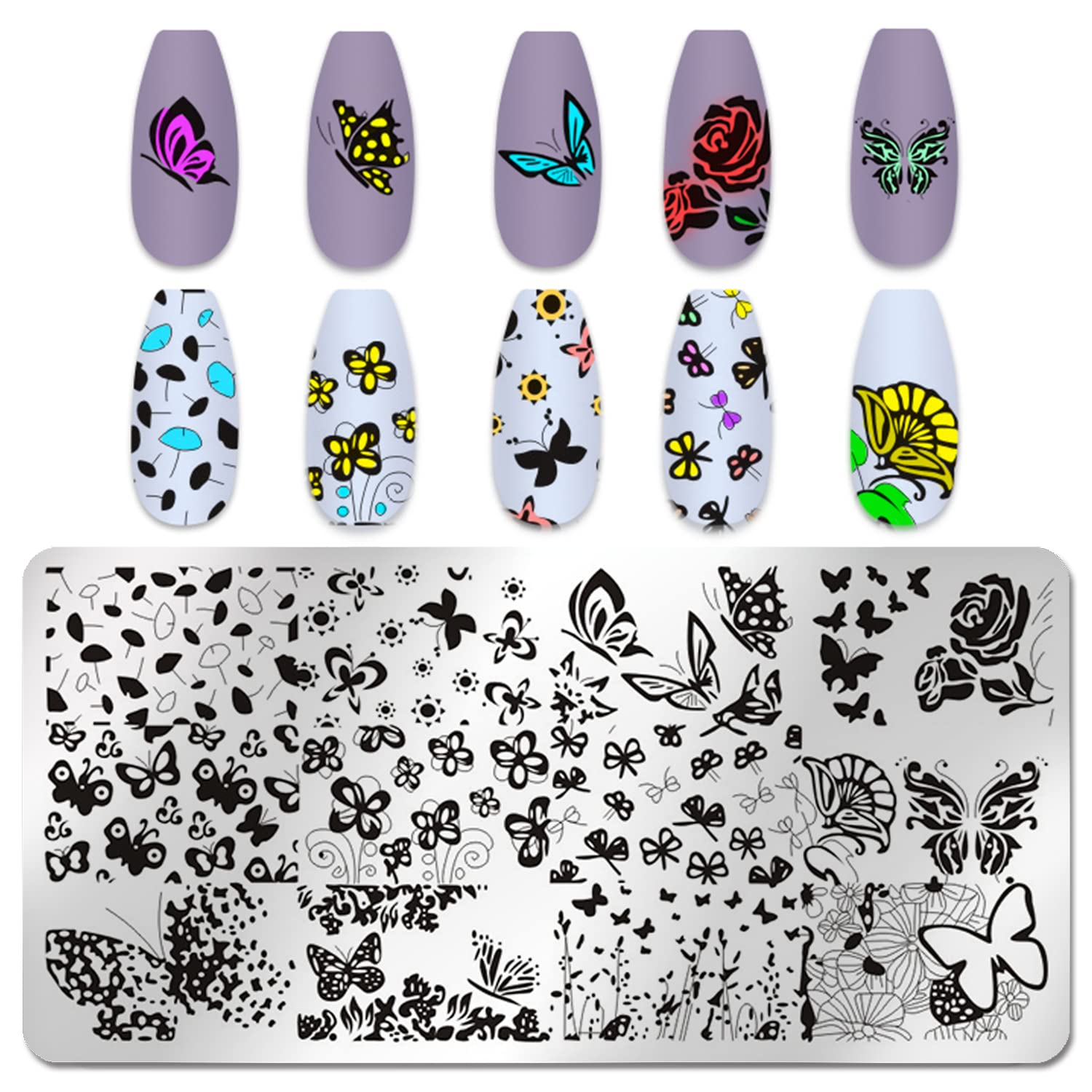 WOKOTO 6Pcs Butterfly Nail Stamping Plates - Floral & Feather Nail Art Stamping Kit for DIY Manicure - Perfect for Salon, Home Use, and Professional Nail Designs