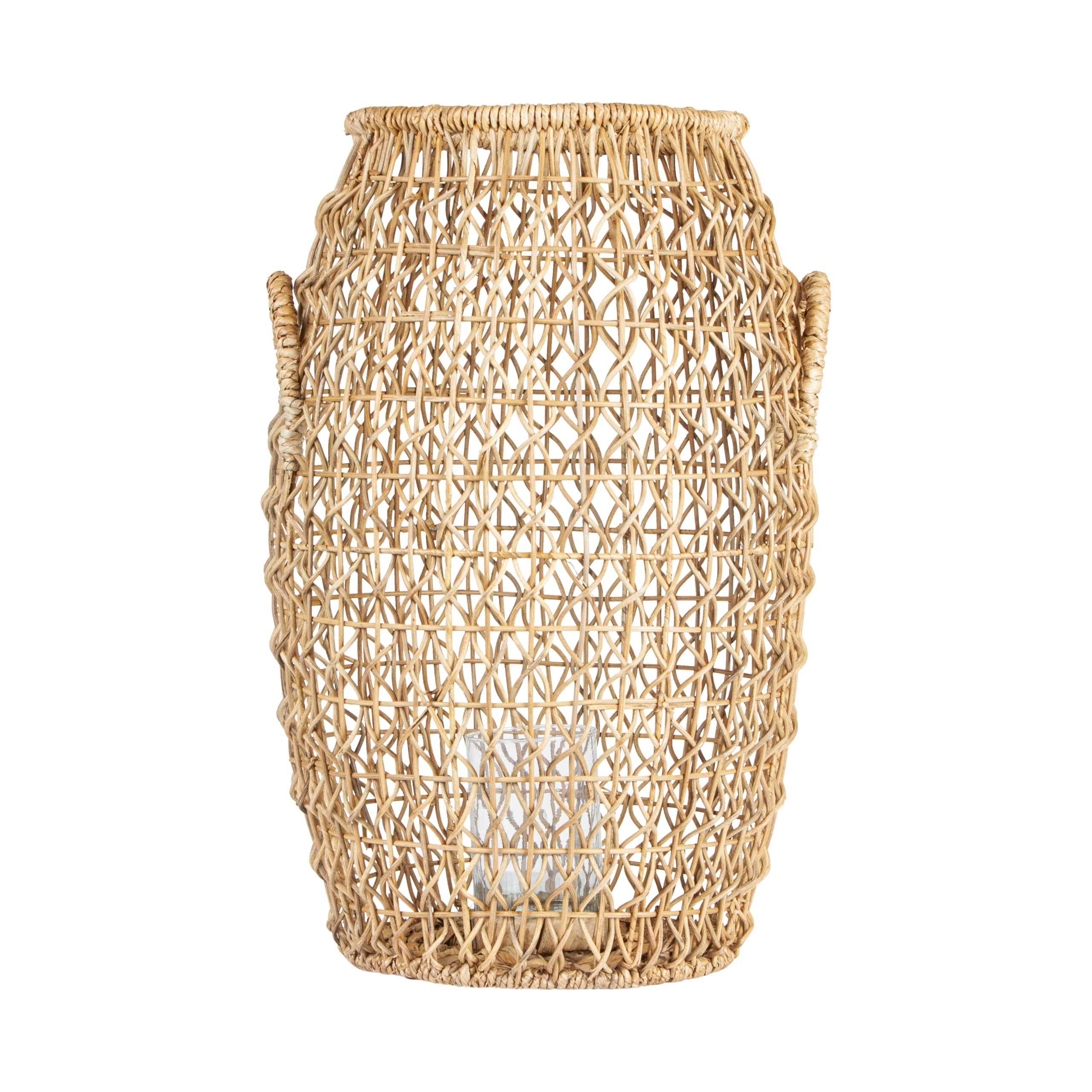 Bloomingville Natural Brown Rattan & Water Hyacinth Lantern with Glass Insert - Perfect for Patio, Garden, and Boho Home Decor