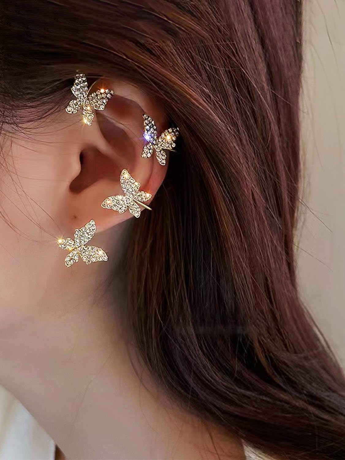 2 Pcs Zircon Butterfly Clip-On Ear Cuffs - No Piercing Rhinestone Ear Wraps for Women & Teens | Stylish Fairy Earrings for Parties, Weddings & Everyday Wear