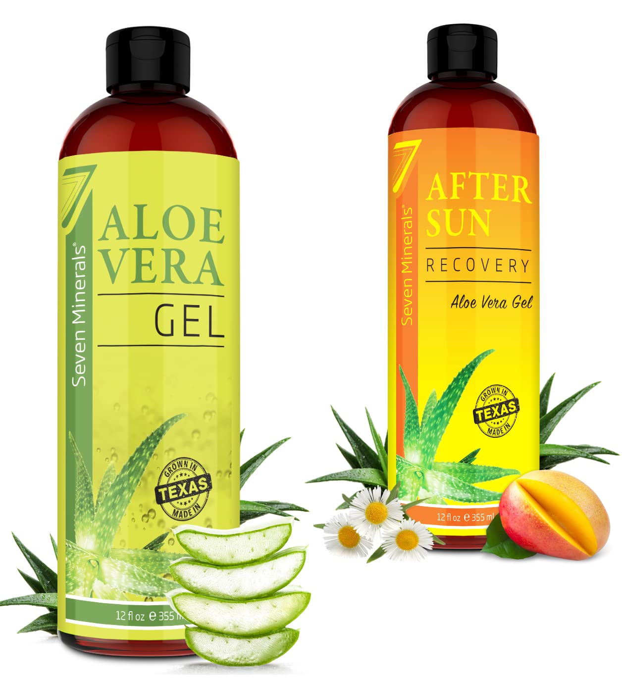 Seven Minerals Organic Aloe Vera Gel & After Sun Recovery Gel - 100% Pure Aloe, Mango, Chamomile & Panthenol for Sunburn Relief, Skin Hydration & Soothing | Perfect for Post-Sun Care, Daily Moisturizing & Sensitive Skin