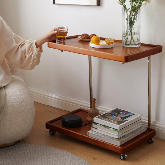 Modern Double Layer C-Shaped Mobile Side Table - Poplar Wood Nightstand for Bedroom, Living Room, Office - Portable End Table with Storage Shelf