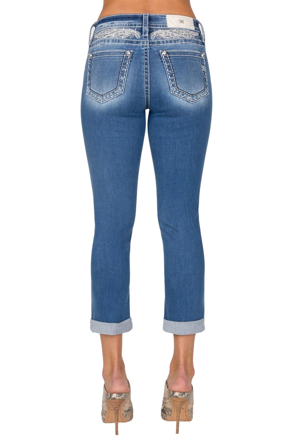 Miss Me Women's Silver Pearl Feather Yoke Mid-Rise Capri Jeans - Stylish Denim Pants for Casual Wear, Date Night & Spring Outfits