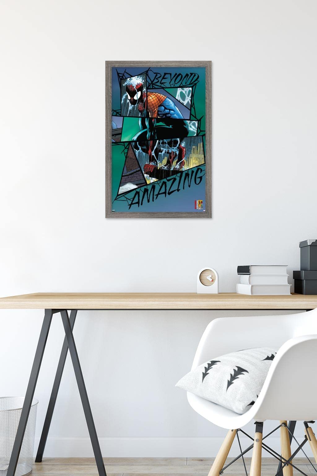 Marvel Comics Spider-Man: Beyond Amazing Rain Mash-up Wall Poster - 22.4x14.7 Inches Barnwood Framed - Superhero Home Decor for Bedroom, Living Room & Office