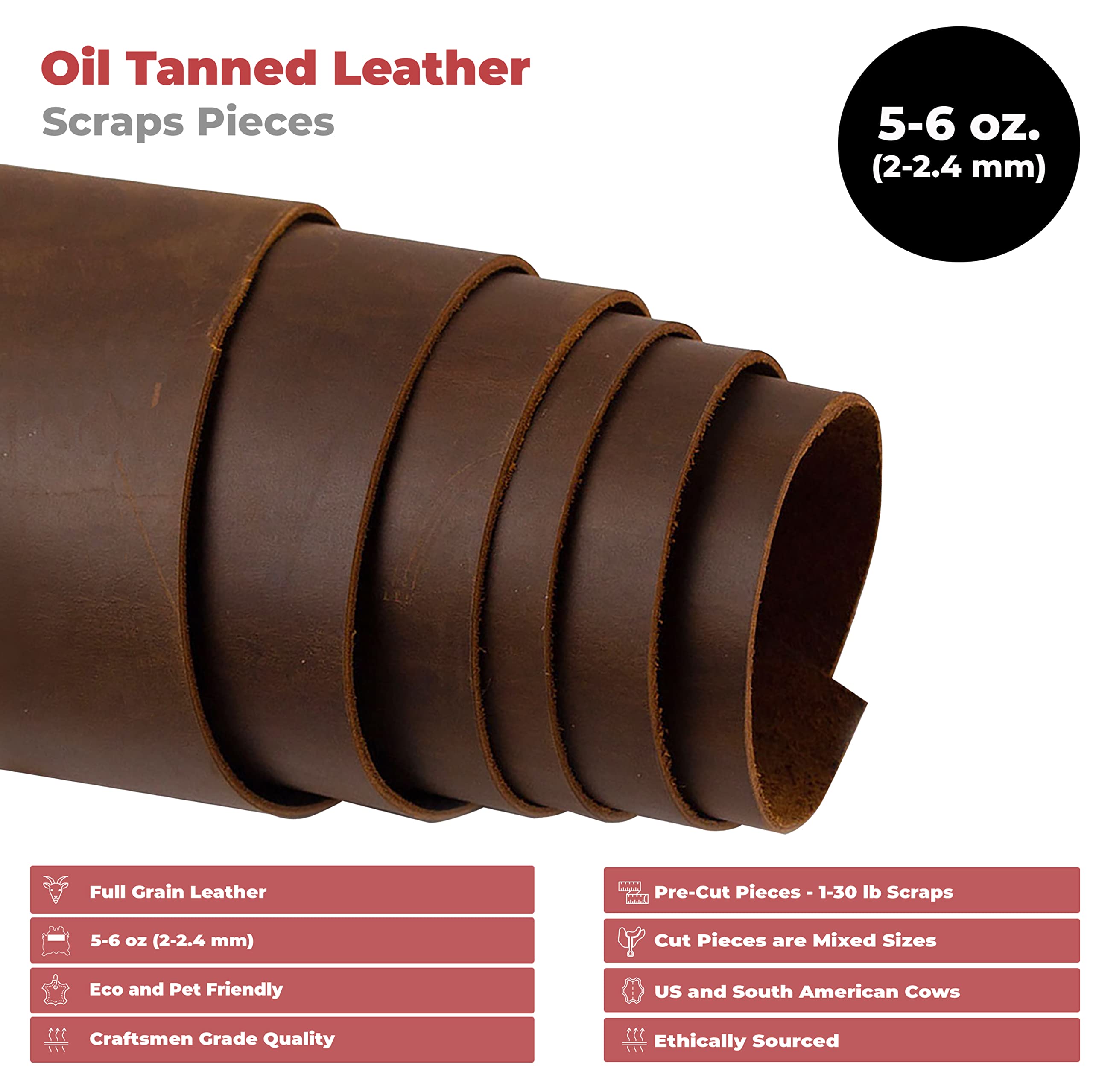 Premium 5-6 oz (2-2.4mm) Full Grain Bourbon Brown Cowhide Leather Scraps - 8 LB Oil-Tanned European Leather for DIY Crafts, Jewelry Making, Handmade Accessories & Leatherworking Projects - Perfect for Wallets, Belts, Keychains & Home Decor