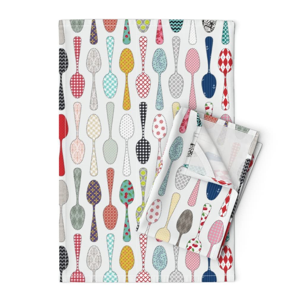 Linen Cotton Tea Towel - Spoon Quilt Print for Kitchen & Cottage Decor