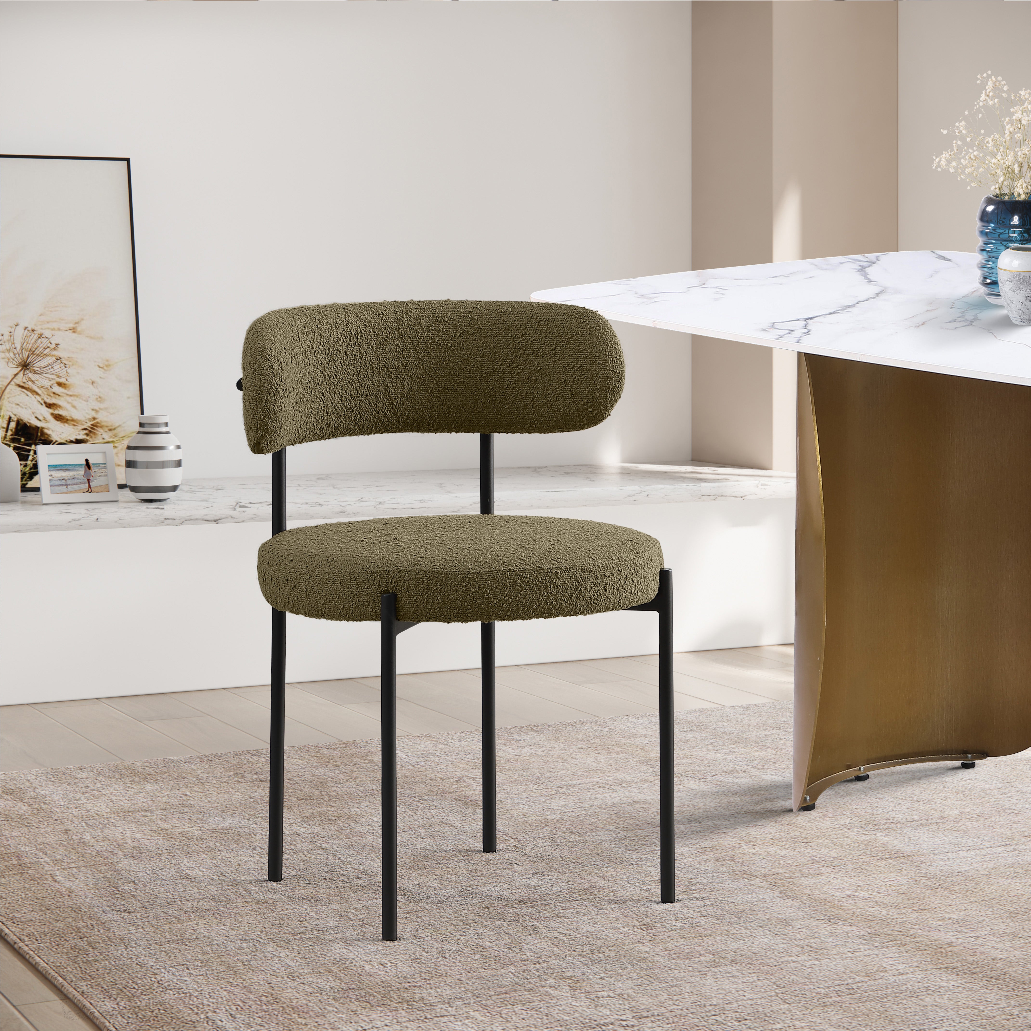 Luxury Boucle Fabric Dining Chair - Modern Upholstered Accent Chair for Dining Room, Living Room & Office - Soft & Comfortable Seat with Sturdy Metal Legs