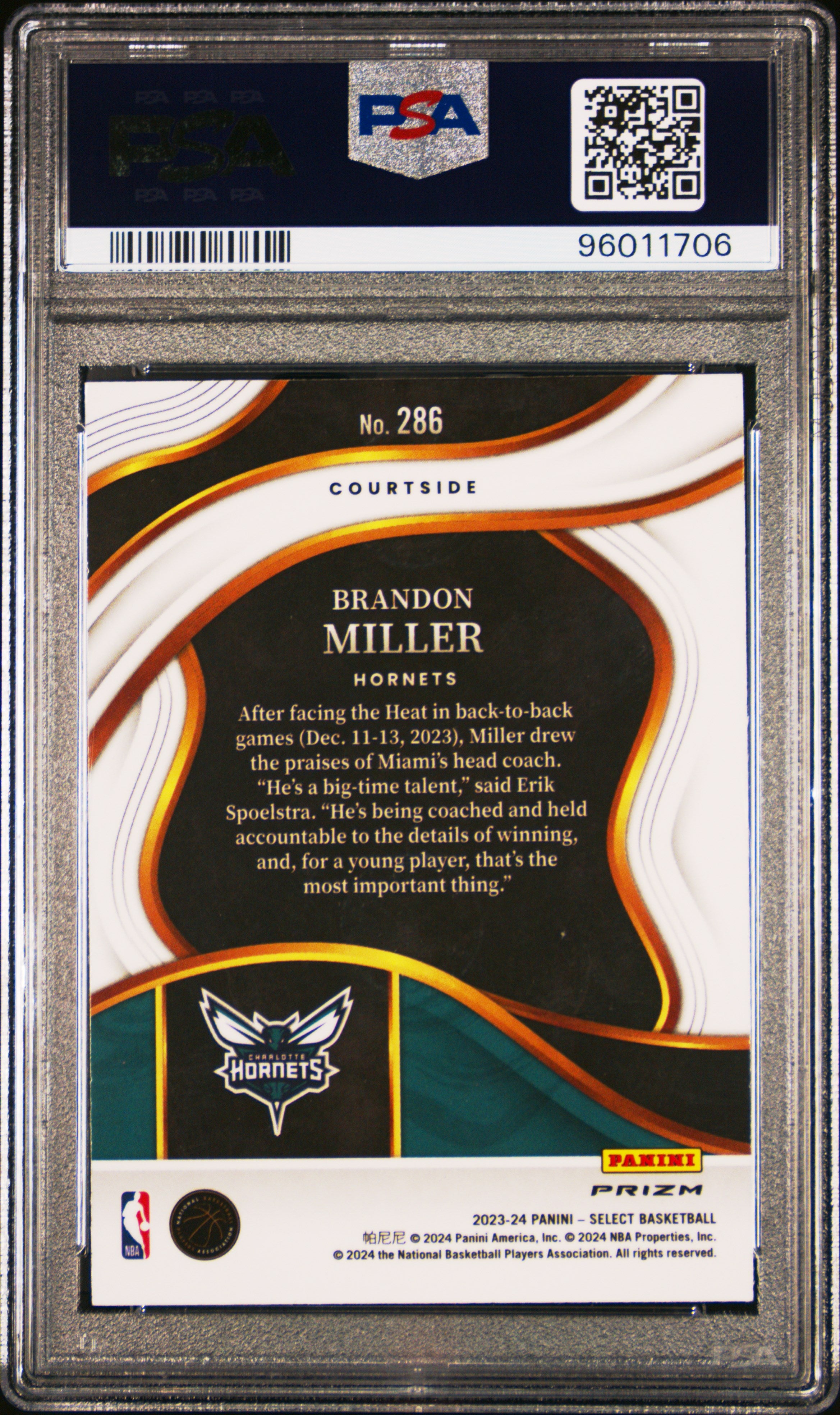 2023 Panini Select Brandon Miller Orange Tectonic #286 PSA 10 Rookie Card - Premium Basketball Trading Card for Collectors & Investors | Perfect for Display, Trading & Portfolio Growth