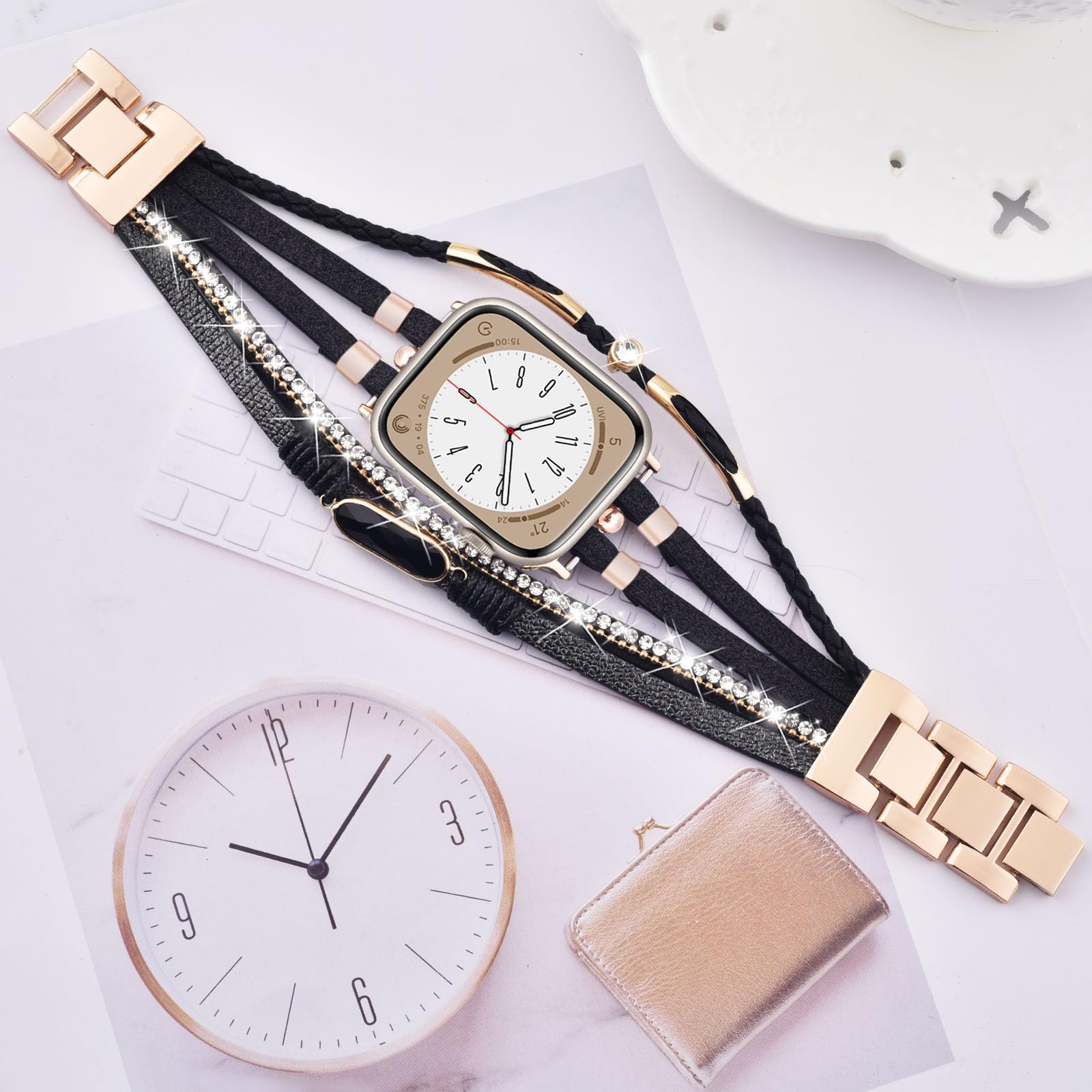 Boho Leather Apple Watch Band for Women - Adjustable 38mm 40mm 41mm iWatch Strap Compatible with Series 10/9/8/7/6/5/4/3/2/1/SE - Stylish Multilayer Wrap Bracelet for Everyday Wear & Boho Fashion Accessories