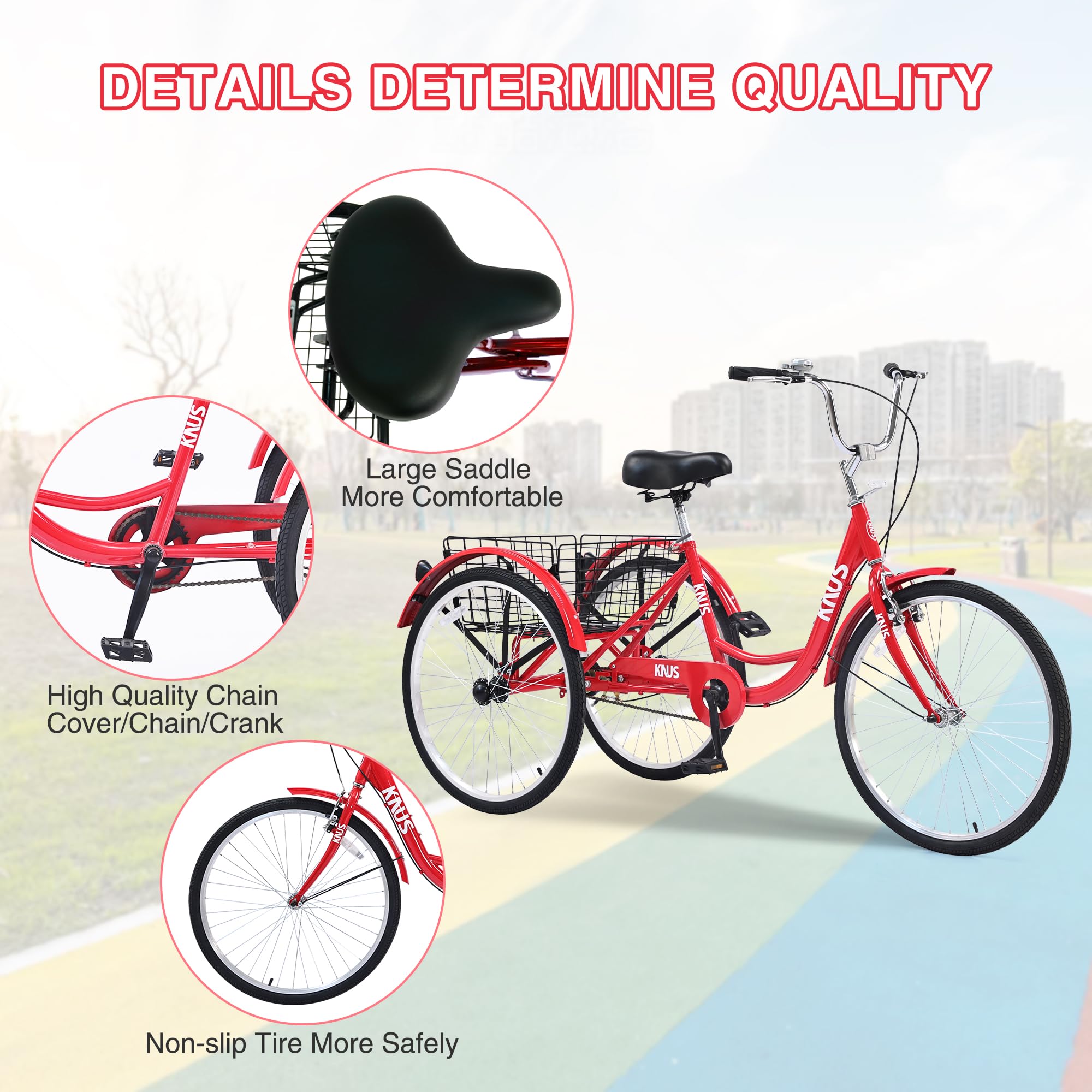 KNUS Adult Single Speed Cargo Tricycle - 24 Inch 3 Wheel Beach Cruiser Bike with Large Shopping Basket for Seniors, Women & Men - Perfect for Grocery Shopping, Pet Transportation & Beach Rides