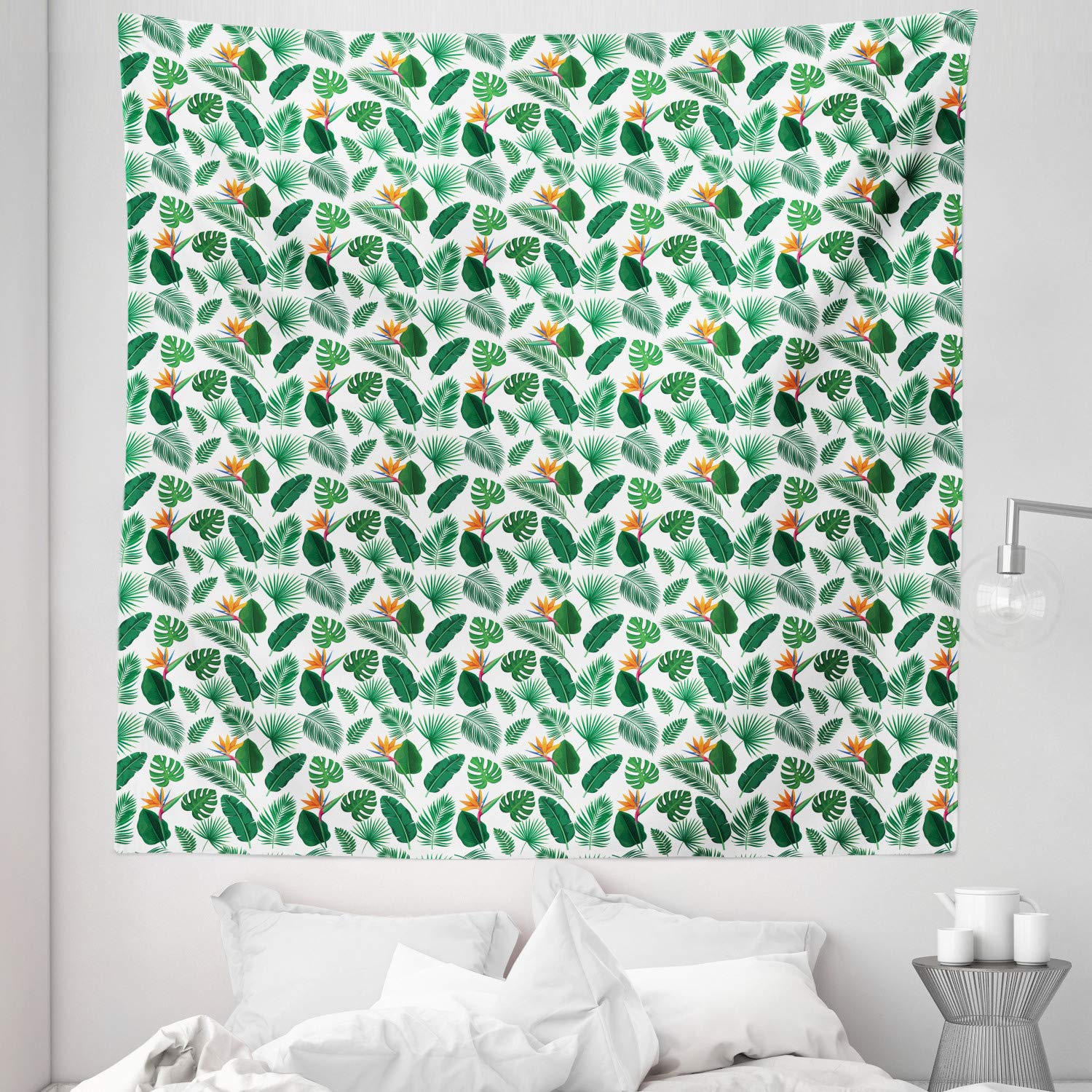 Ambesonne Philodendron Tapestry Queen Size - Tropical Leaves & Bird of Paradise Flower Wall Hanging - 88