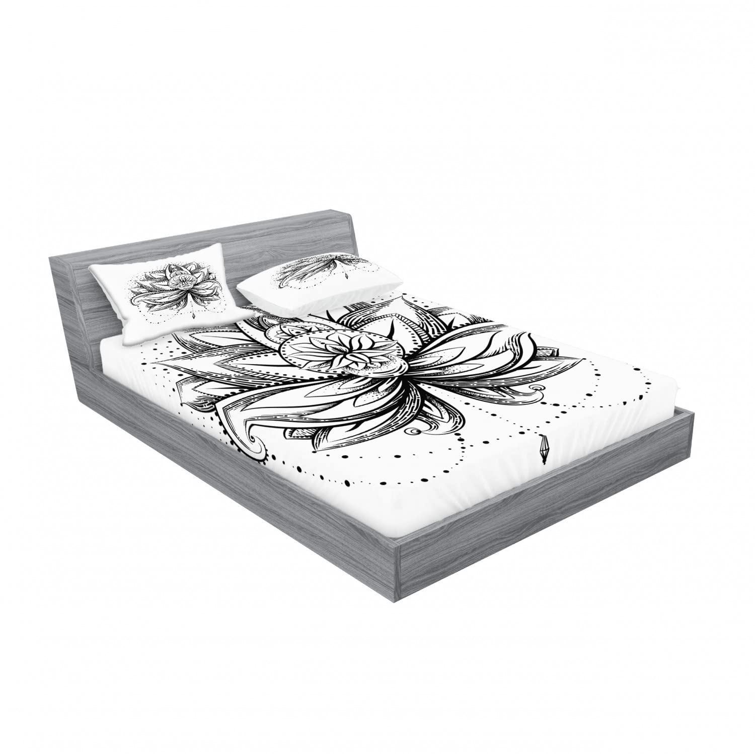 Ambesonne 2-Pack Full Size Fitted Sheet Set with 4 Pillow Shams - Ornamental Lotus Sketch Design in Seal Brown & White | Luxury Bedding Decor for Master Bedroom, Guest Room & Dorm