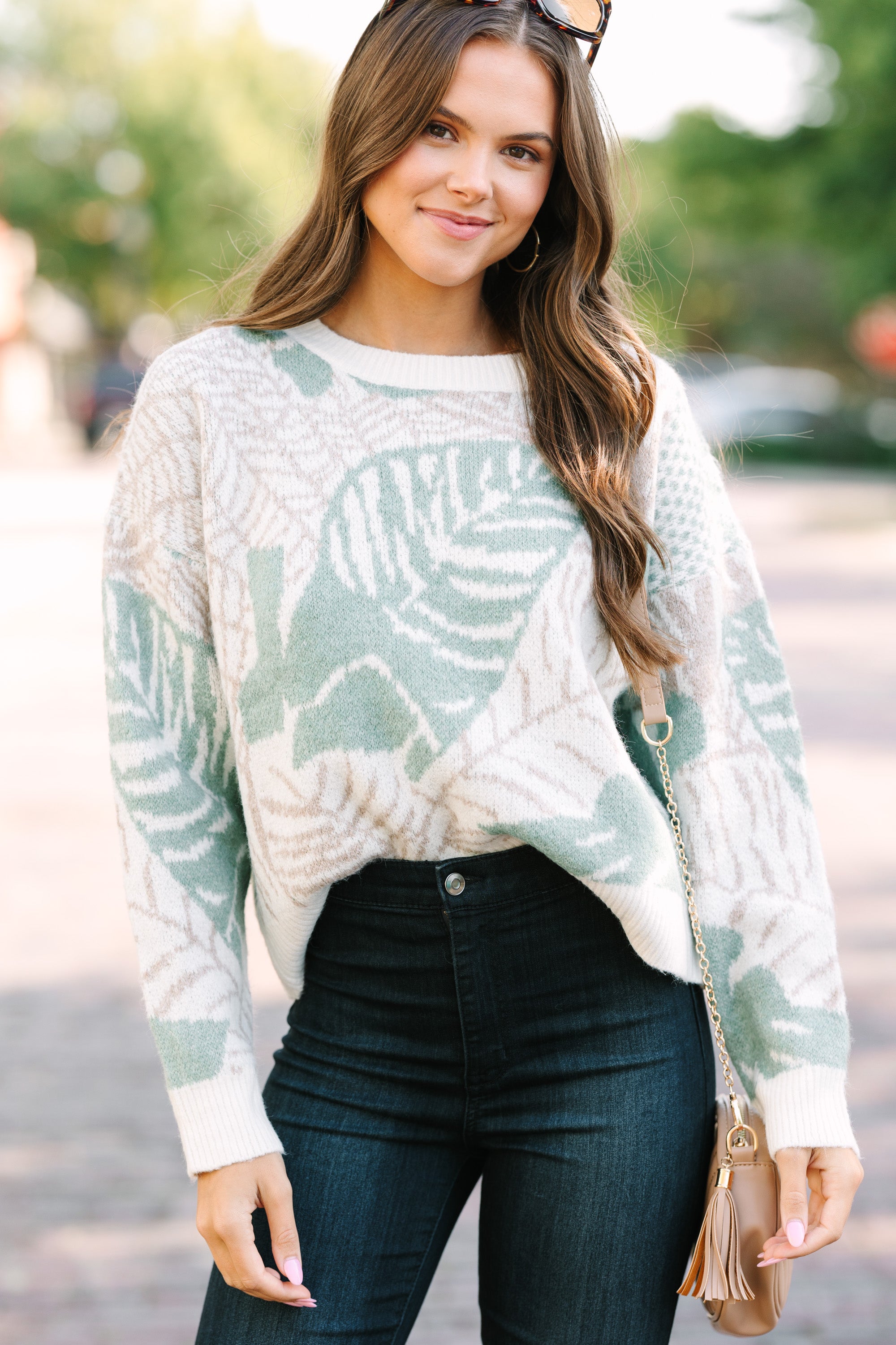 All In Love Sage Green Leaf Print Sweater | Women's Fashion Knitwear | Perfect for Fall Outfits & Cozy Winter Layering
