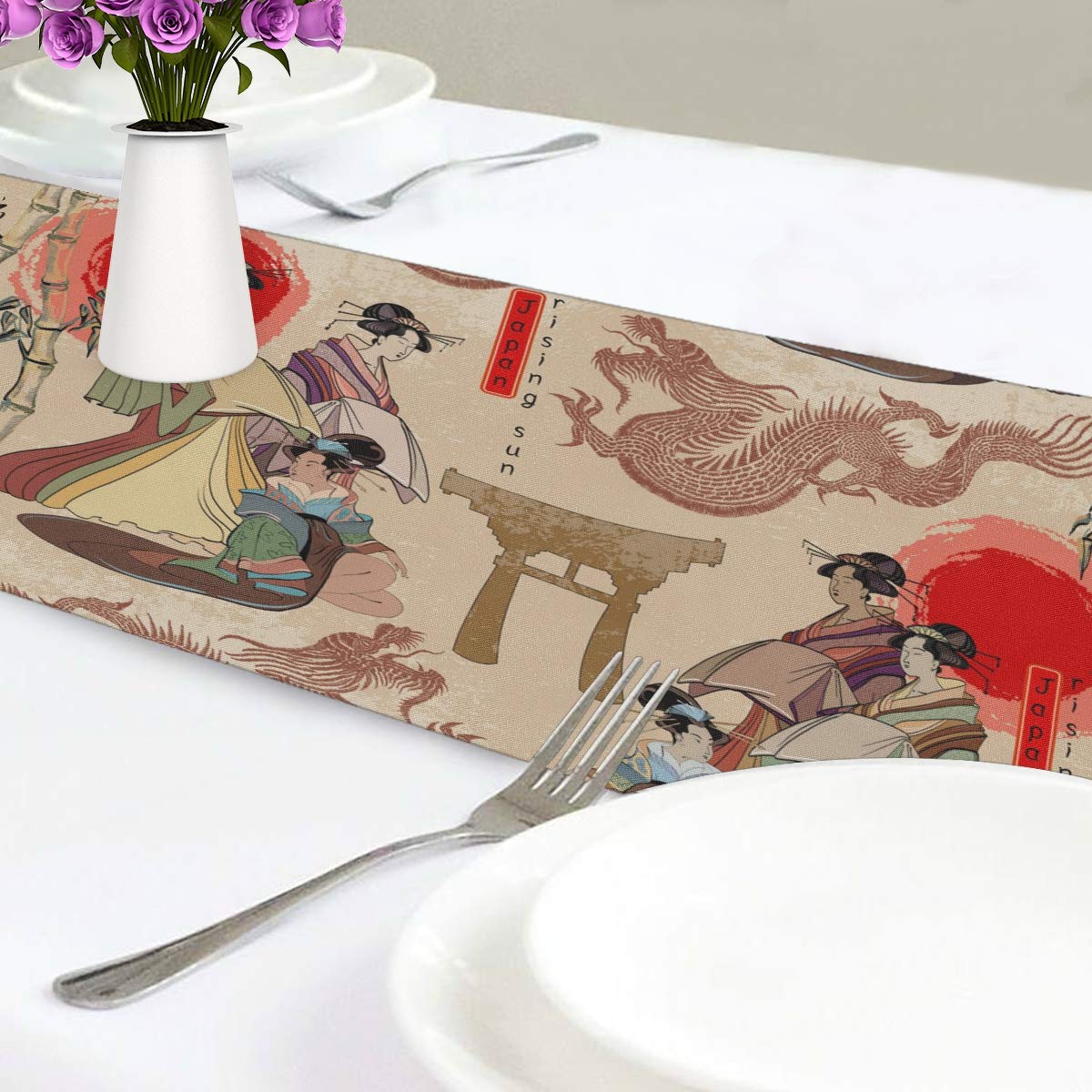 Japanese Oriental Dragon Table Runner 13x70 Inch - Rectangle Polyester Tablecloth for Office, Kitchen, Dining, Wedding, Party, Home Decor - Perfect for Coffee Tables & Holiday Celebrations