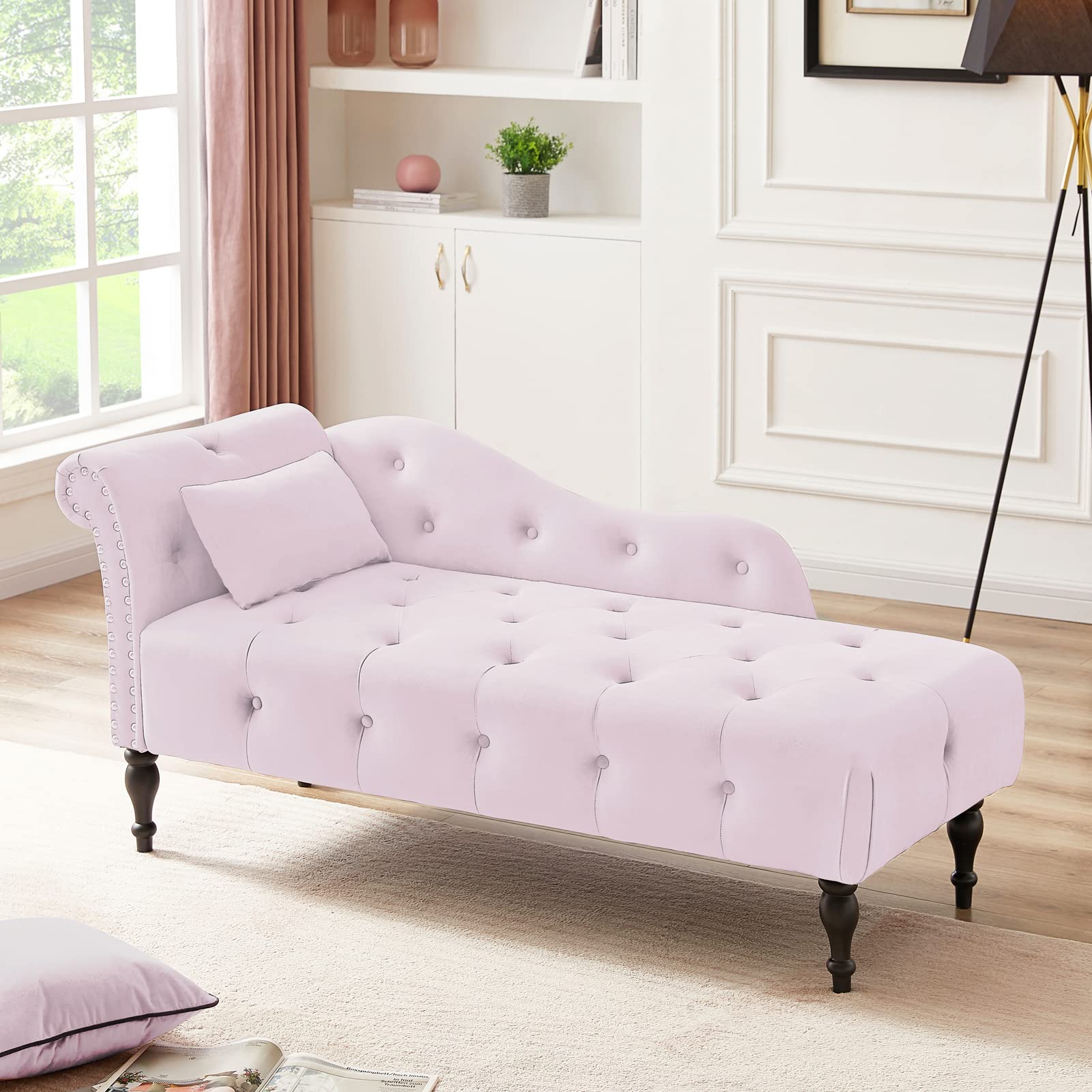 WIILAYOK Velvet Chaise Lounge Chair with Pillow - Button Tufted Nailhead Trim & Solid Wood Legs - Modern Recliner for Living Room, Bedroom, Reading Nook (Light Pink) - Perfect for Relaxing, Reading & Home Decor