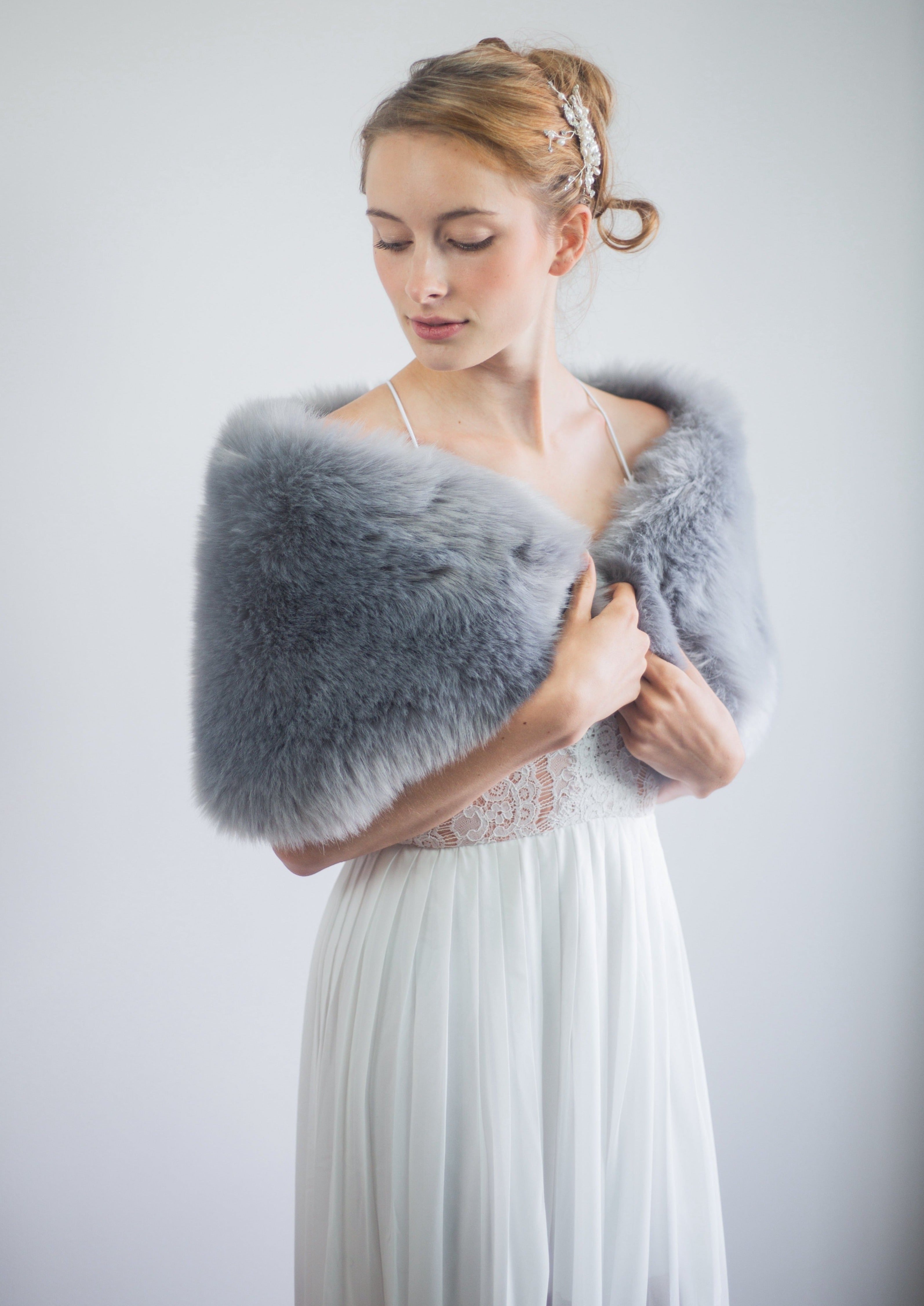 Gray Fur Wrap Shawl - Serena Gry01 - Soft & Warm Winter Fashion Accessory for Women - Perfect for Parties, Weddings & Cold Weather Outfits