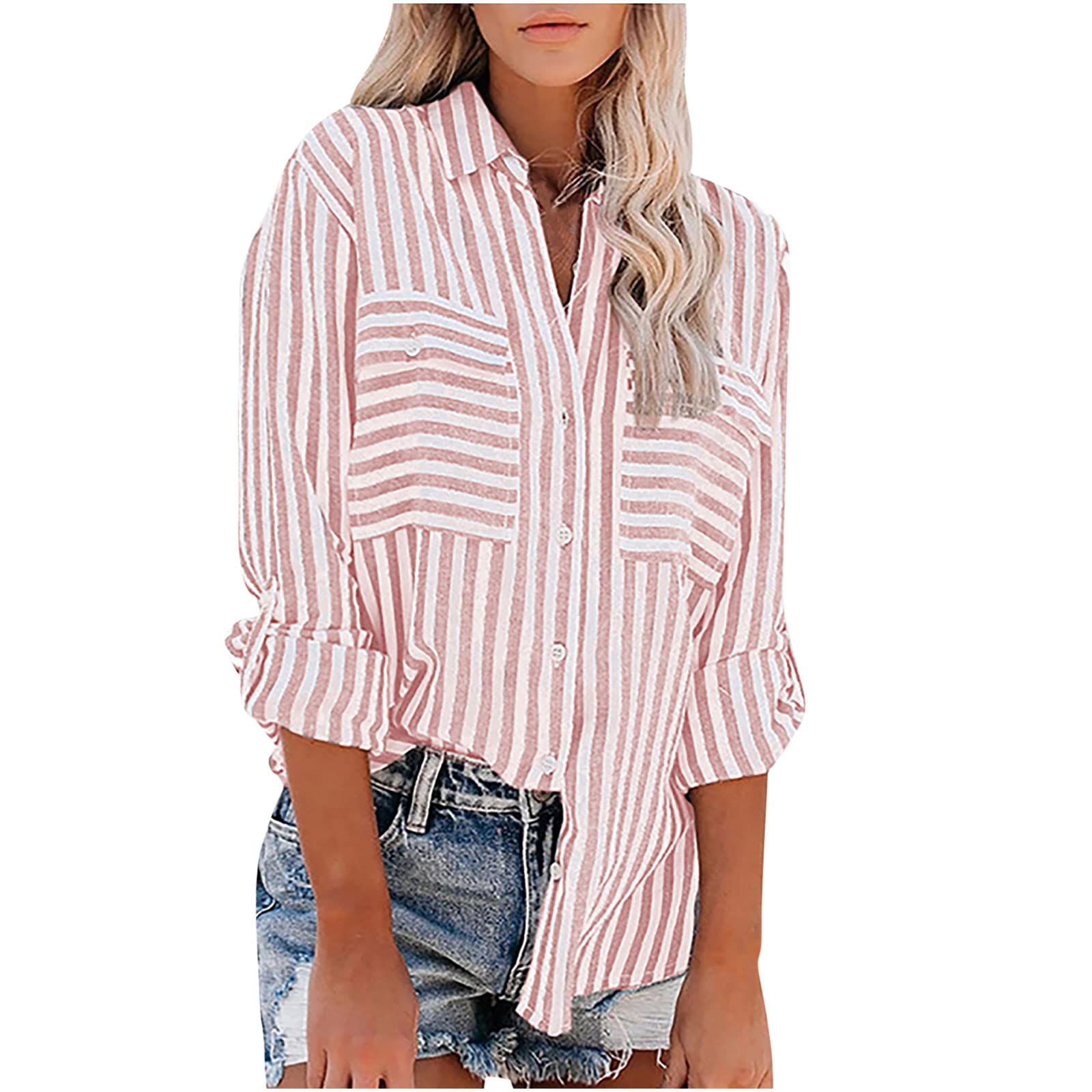 Women's Striped Printed Long Sleeve Shirt - Cotton Linen Blend Single Breasted Top for Women | Perfect for Office Wear, Casual Outfits & Gift Giving