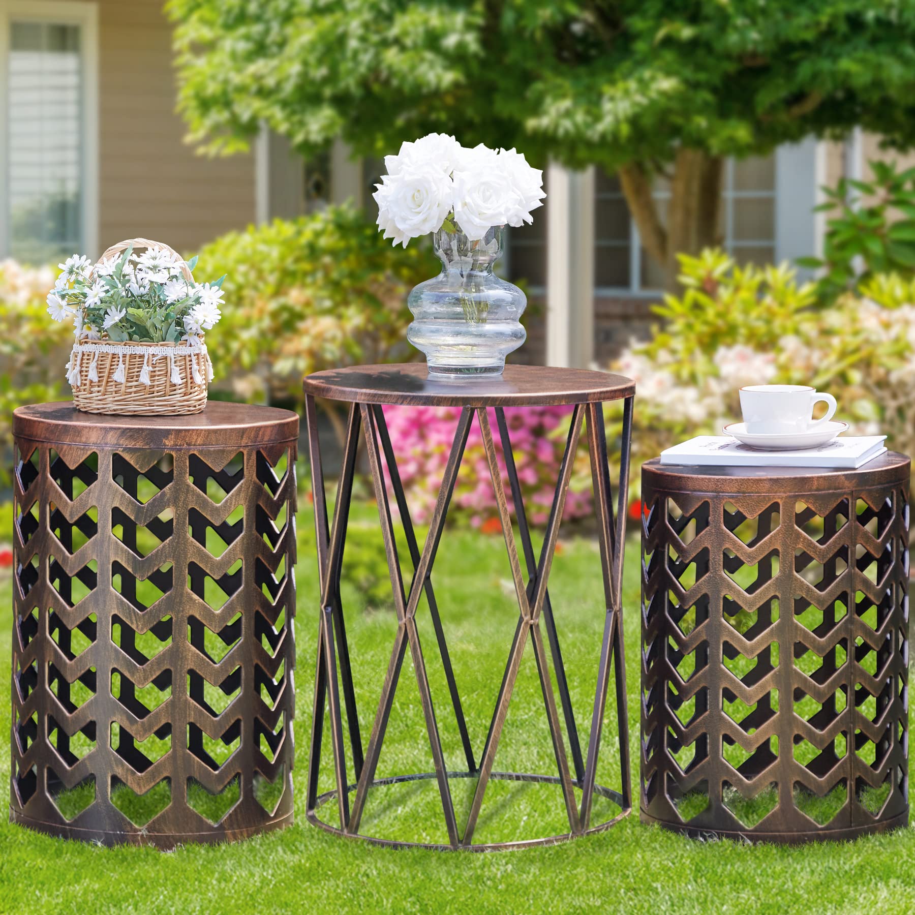 HFHOME 3-Piece Round Metal Coffee Table Set - Modern Nesting End Tables for Living Room, Bedroom, Office | Bronze Side Tables for Plants, Decor & Nightstand Use | Indoor & Outdoor Home Furniture