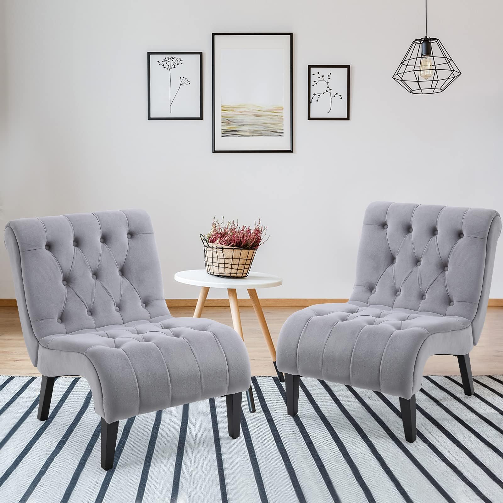 AVAWING 2-Piece Armless Accent Chair Set - Upholstered Button Tufted Living Room Chairs with Sturdy Wood Legs, Soft Frosted Velvet Lounge & Reading Chairs for Bedroom or Office - Modern Grey Home Decor (Perfect for Small Spaces, Reading Nooks & Cozy Corners)