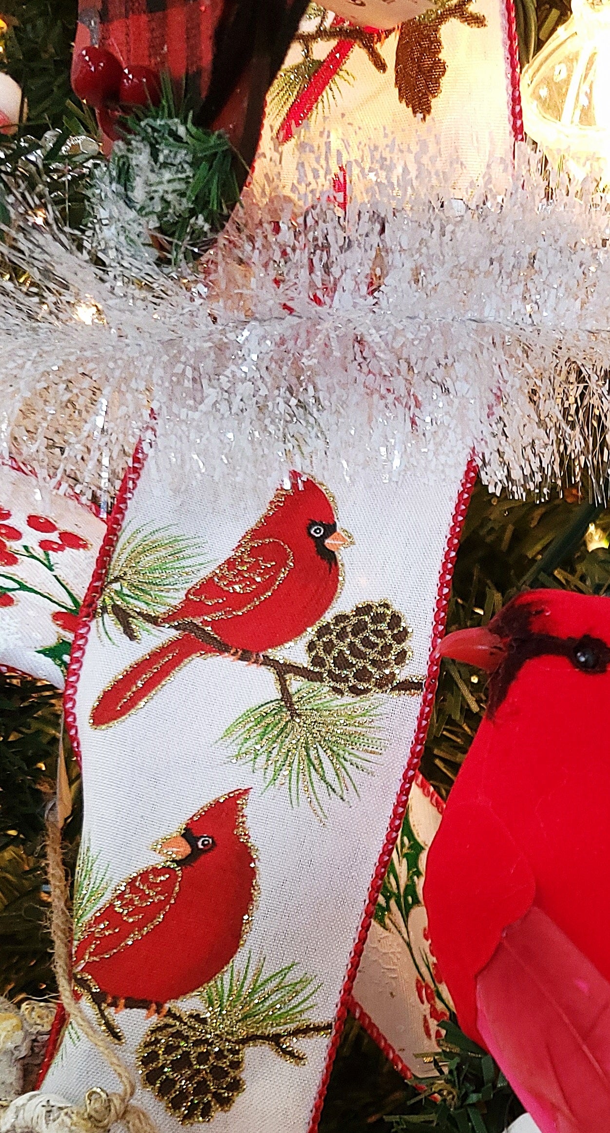 10 Yards Cardinals on Branches Pongee Ribbon - Perfect for Christmas Wreaths, Gift Wrapping, and DIY Crafts
