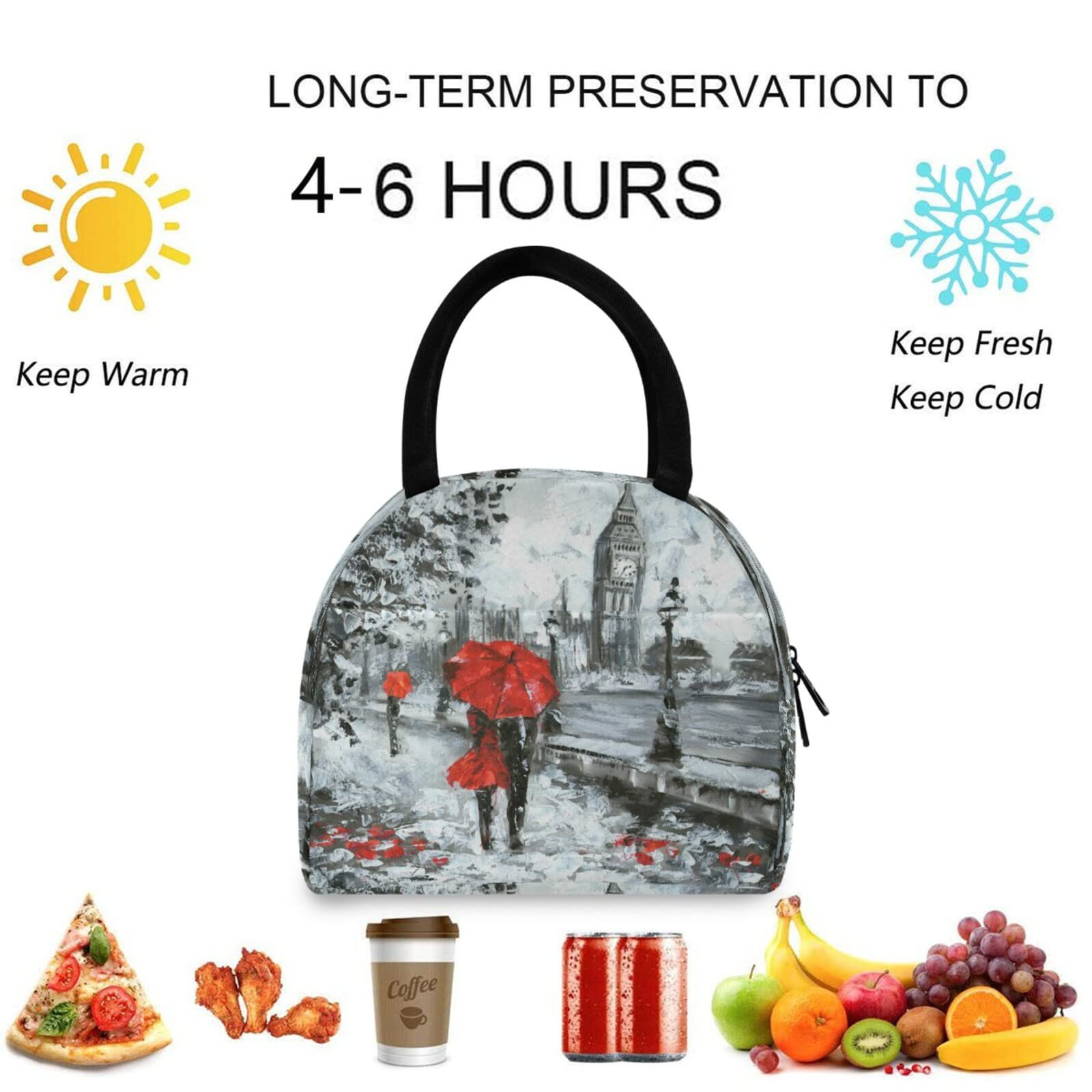 London Street View Oil Painting Reusable Insulated Lunch Tote Bag with Front Zipper Pocket - Thermal Cooler for Work, Picnic, Travel, Beach & Fishing