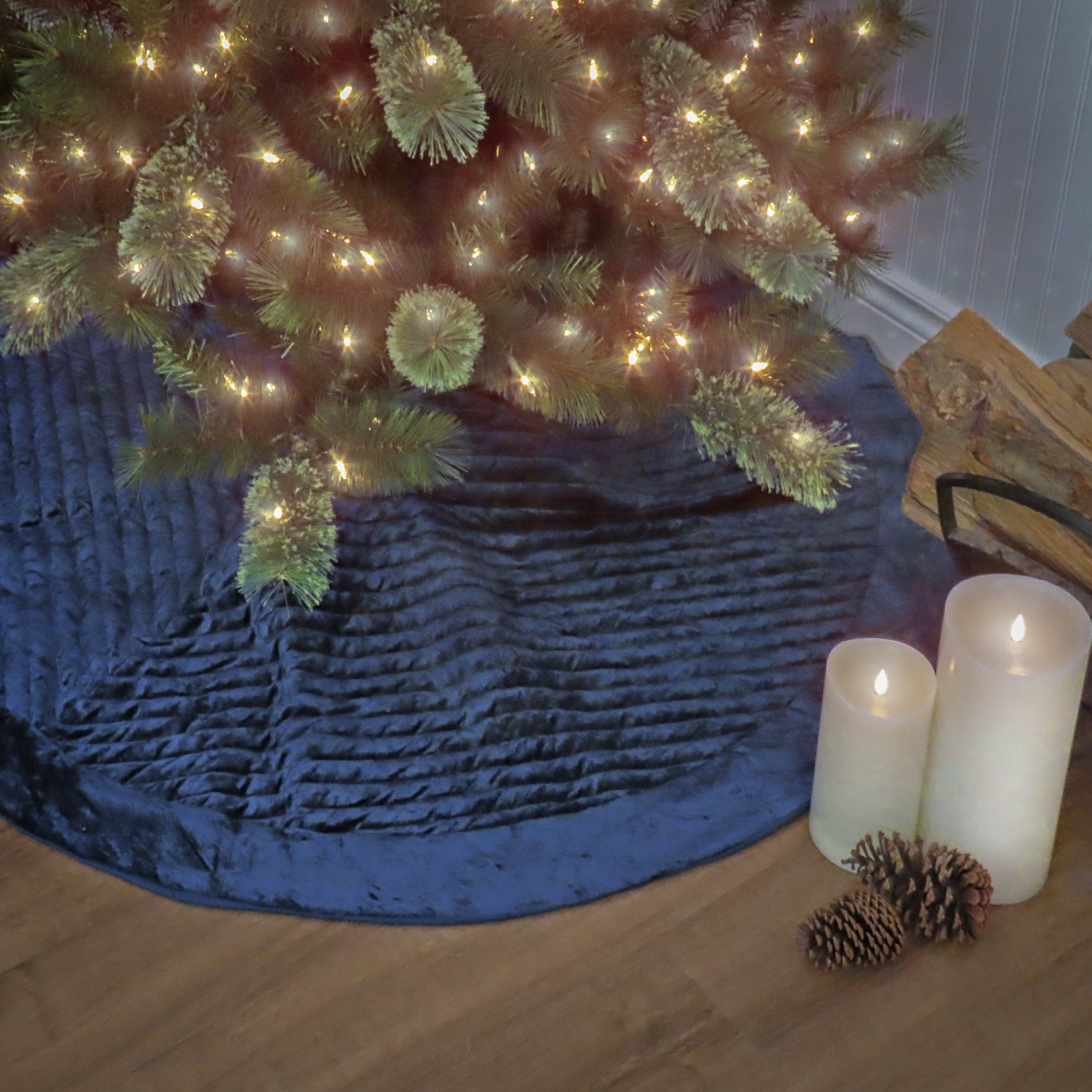 HGTV Home Collection 60-Inch Quilted Velvet Christmas Tree Skirt in Blue - Perfect for Holiday Decor & Gift Wrapping Under the Tree