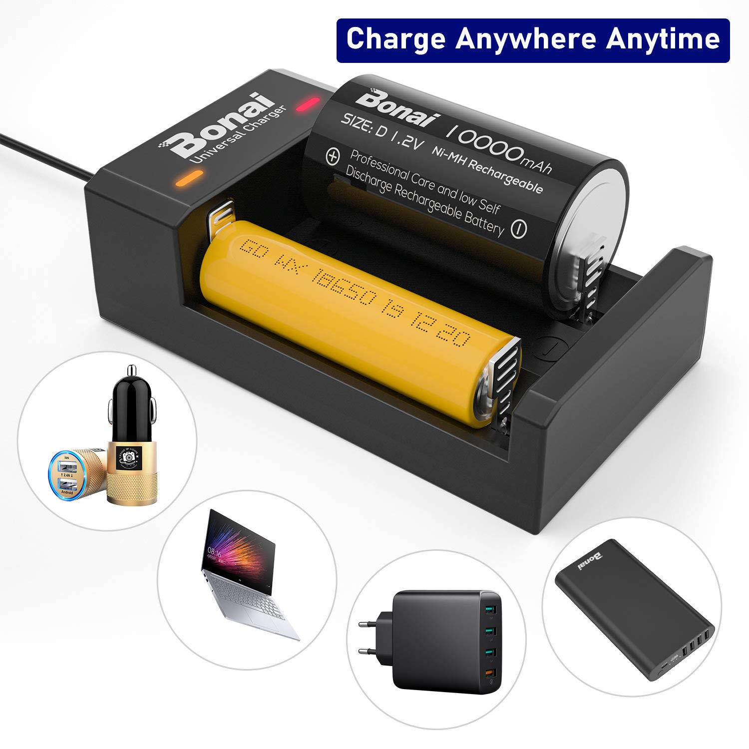BONAI Universal USB Battery Charger for 1.2V Ni-MH Ni-Cd AA AAA C D & 3.7V Lithium Rechargeable Batteries - 2 Slot Fast Charging | Perfect for Cameras, Toys, Flashlights & Electronic Devices