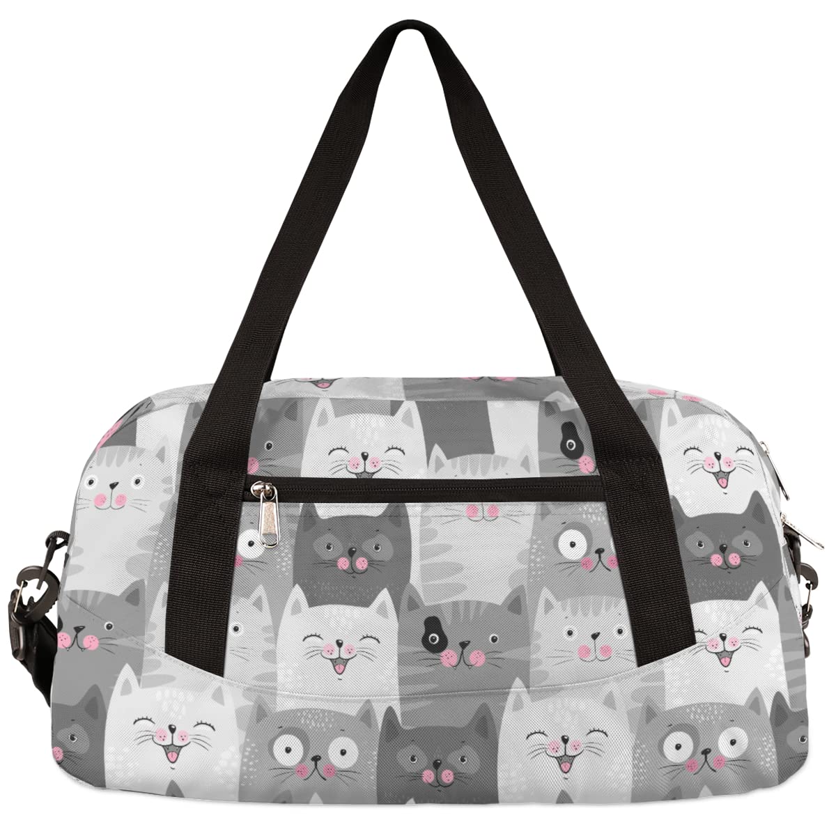 Cat Duffle Bag for Kids - Cute Lightweight Water Resistant Foldable Animal Gym Bag, Grey Dance Weekender Overnight Carry On Travel Bag for School, Sports, Gym, Camping & Beach Trips - Perfect for Sleepovers, Dance Classes, and Weekend Getaways