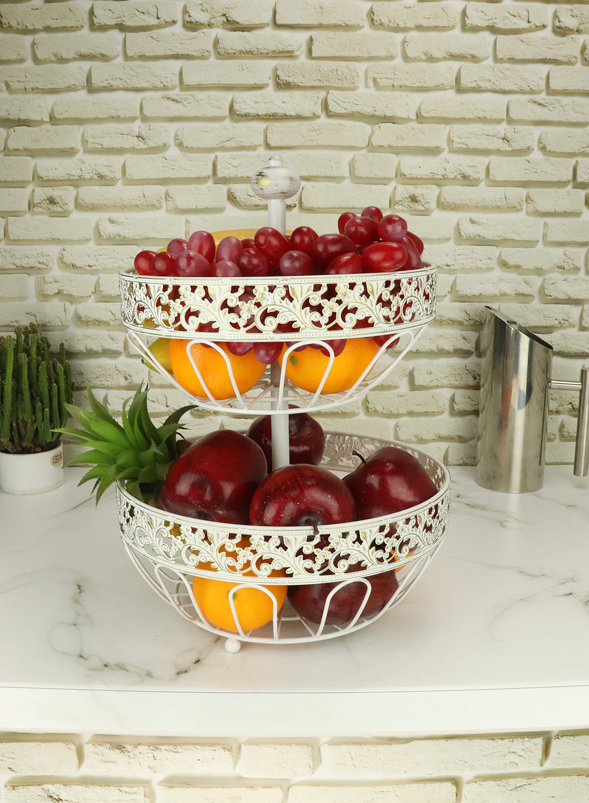 ROSYLINE 2 Tier Fruit Basket - White Brushed Bronze Kitchen Storage Organizer for Fruits, Vegetables, Snacks | Perfect for Countertop, Dining Table, Living Room & Pantry Organization