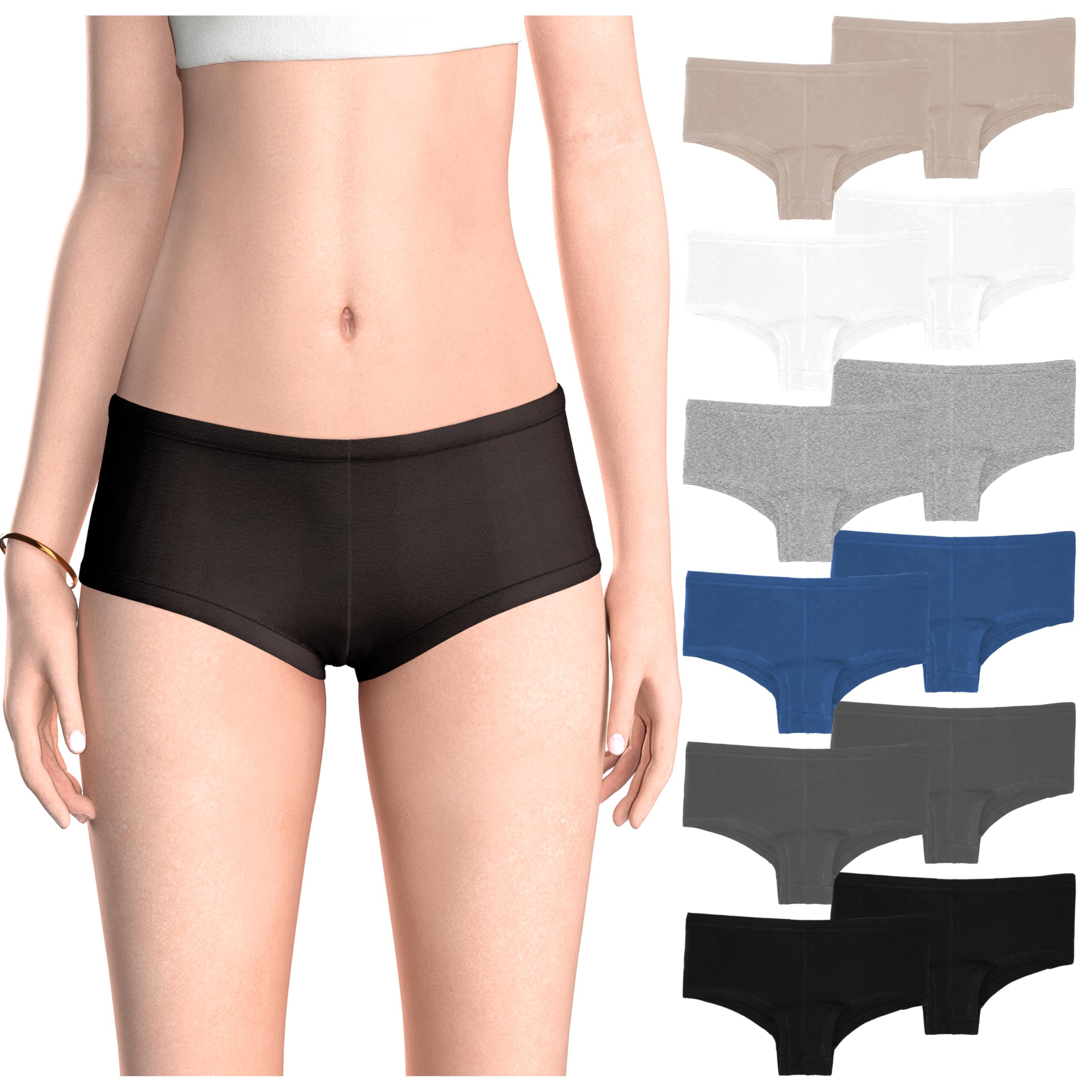 Sexy Basics Women's Boyshort Cotton Stretch Panties | Ultra-Soft Cotton Spandex Underwear | Multi-Pack Assorted Colors | Comfortable Everyday Wear for Lounge & Sleep