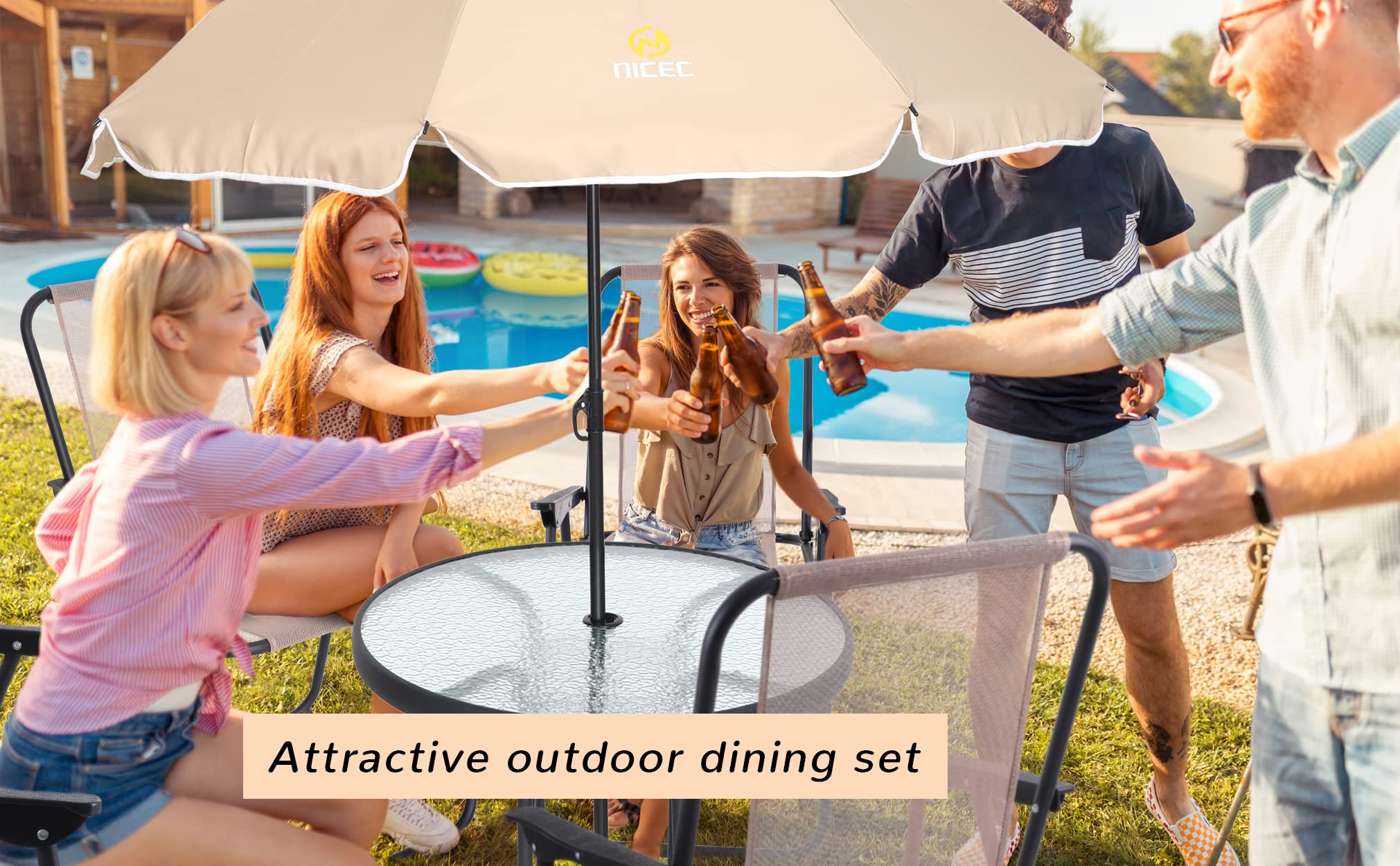 **Premium 6-Piece Outdoor Dining Set - Beige Patio Furniture with Tilted Removable Umbrella, Tempered Glass Table & 4 Foldable Chairs - Perfect for Backyard BBQs, Poolside Gatherings & Garden Parties**